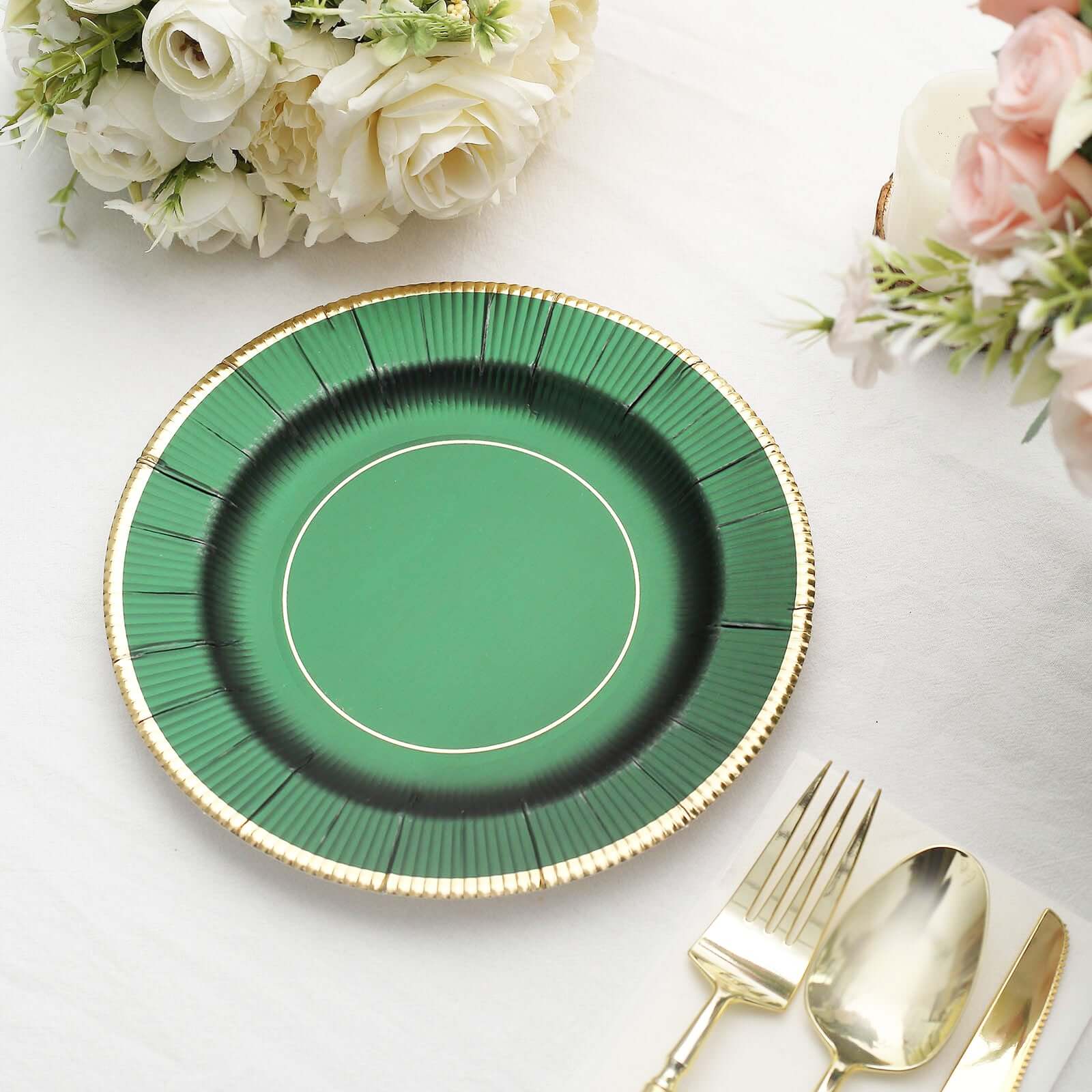 25-Pack Paper 8 Round Dessert Plates in Hunter Emerald Green Sunray Design with Gold Rim - Disposable Heavy Duty 350GSM Appetizer Salad Plates