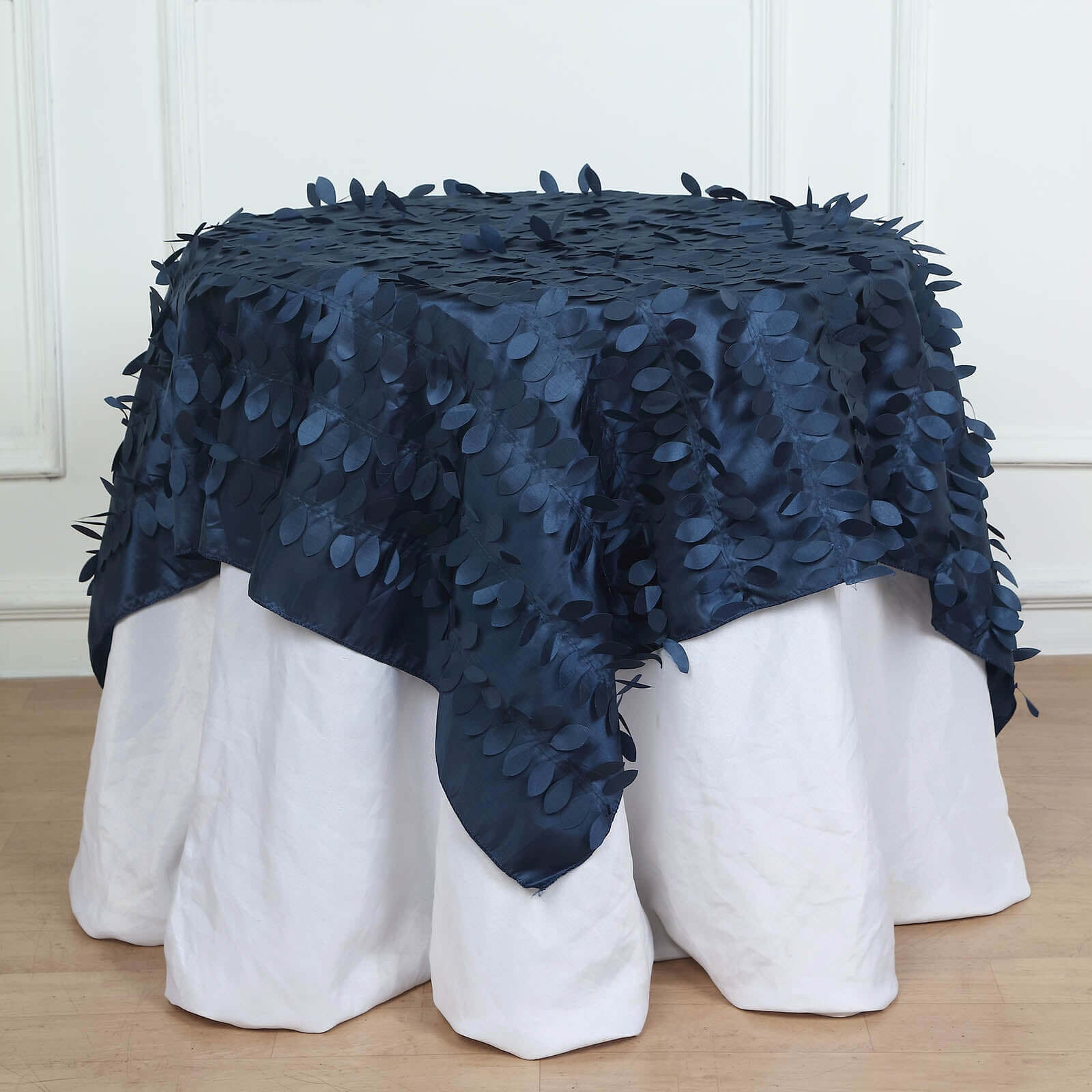 Taffeta 54x54 Table Overlay Square Tablecloth Navy Blue 3D Leaf Petal Table Cover