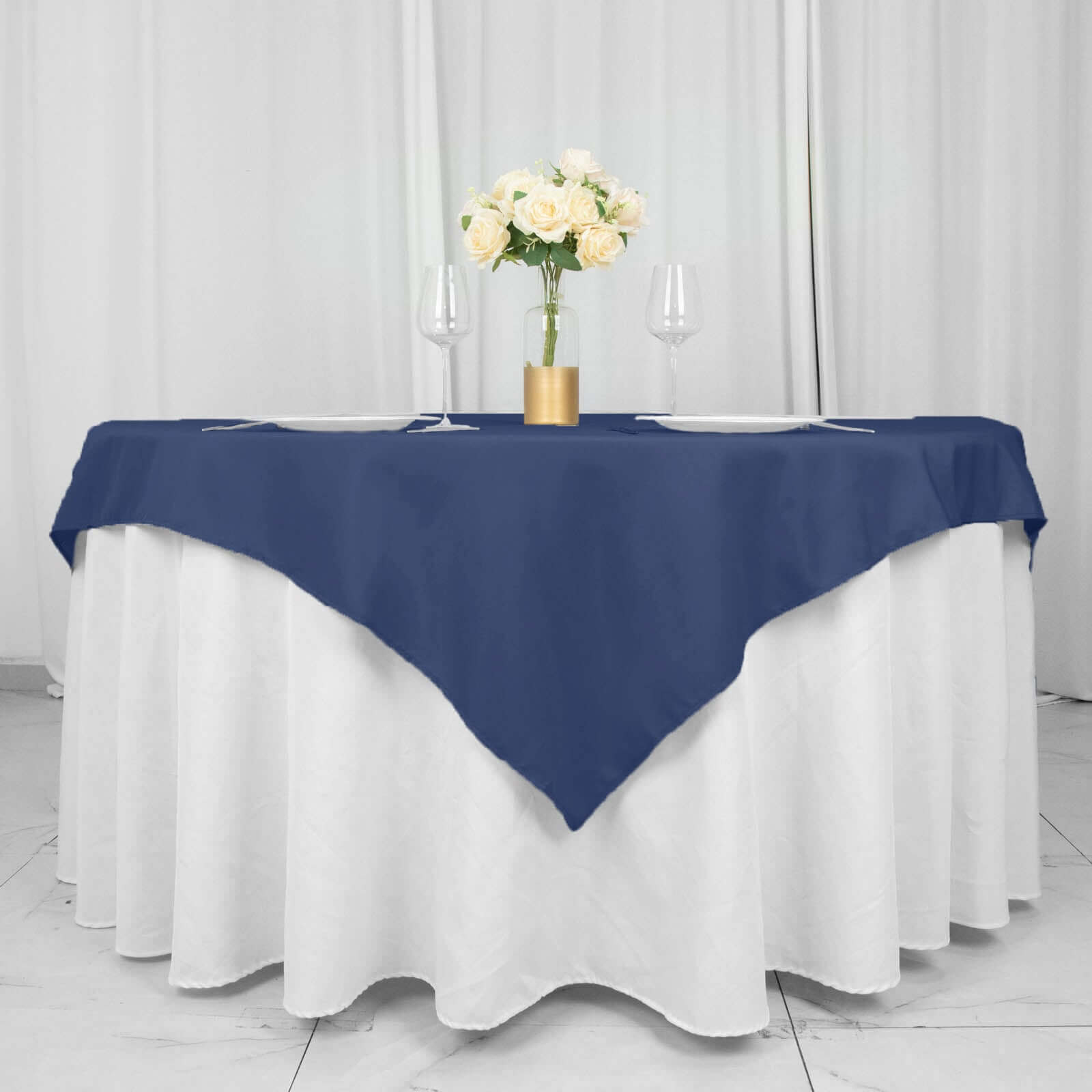 Premium Polyester 54x54 Table Overlay Square Tablecloth Navy Blue - Stain and Wrinkle-Resistant 220GSM Table Topper