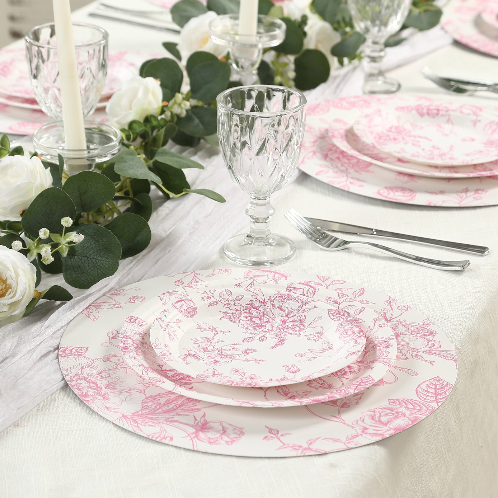 25-Pack Paper 9 Round Dinner Plates in White with Matte Pink French Toile Pattern - Disposable Floral Party Plates