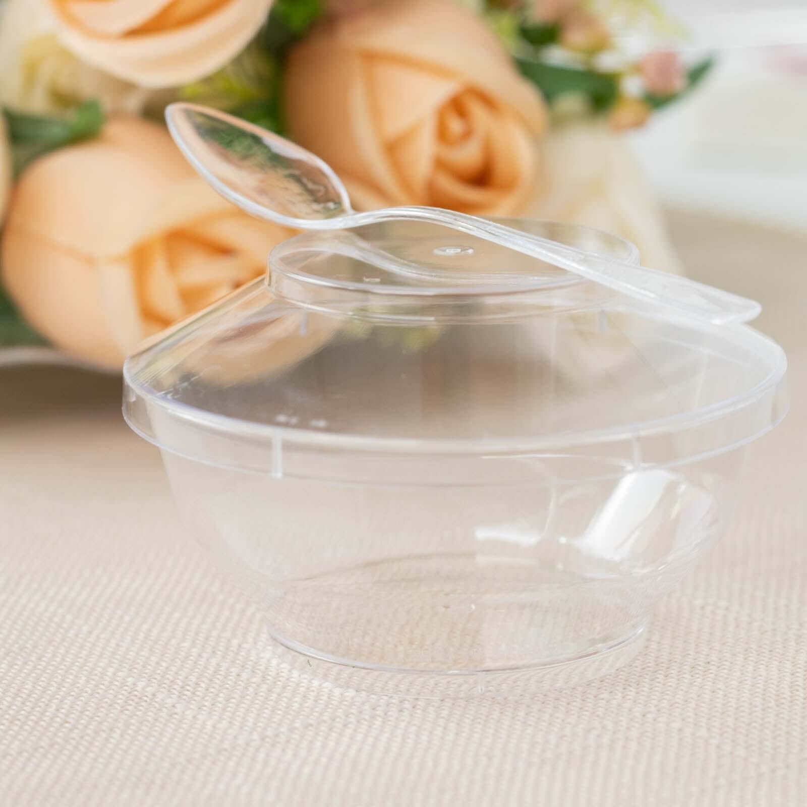 24-Pack Plastic Mini Party Bowl Set Clear with Lid and Spoon - Ideal for Desserts 3.5oz