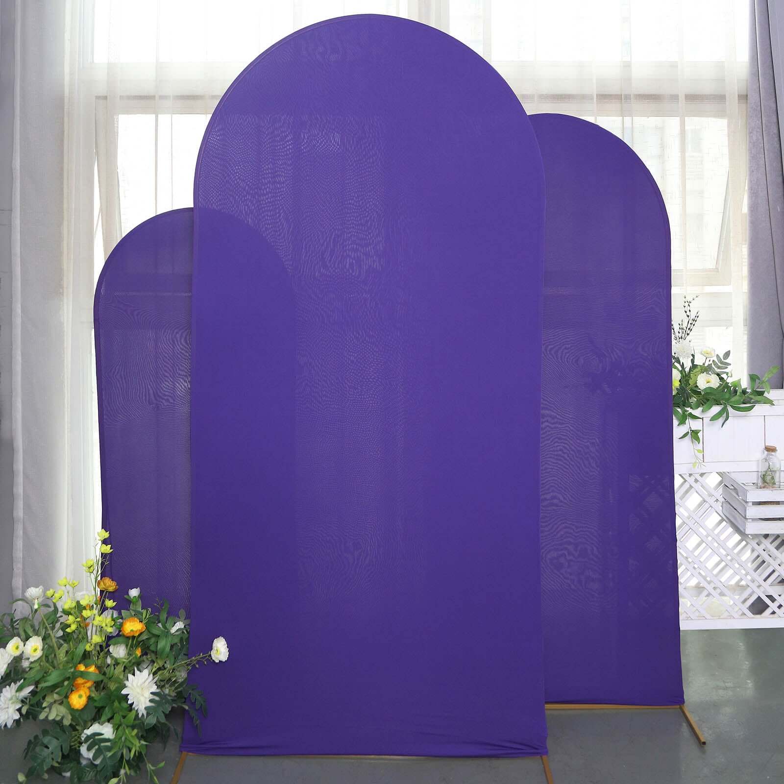 Set of 3 Matte Purple Spandex Fitted Chiara Backdrop Stand Cover For Round Top Wedding Arch - 5ft, 6ft, 7ft