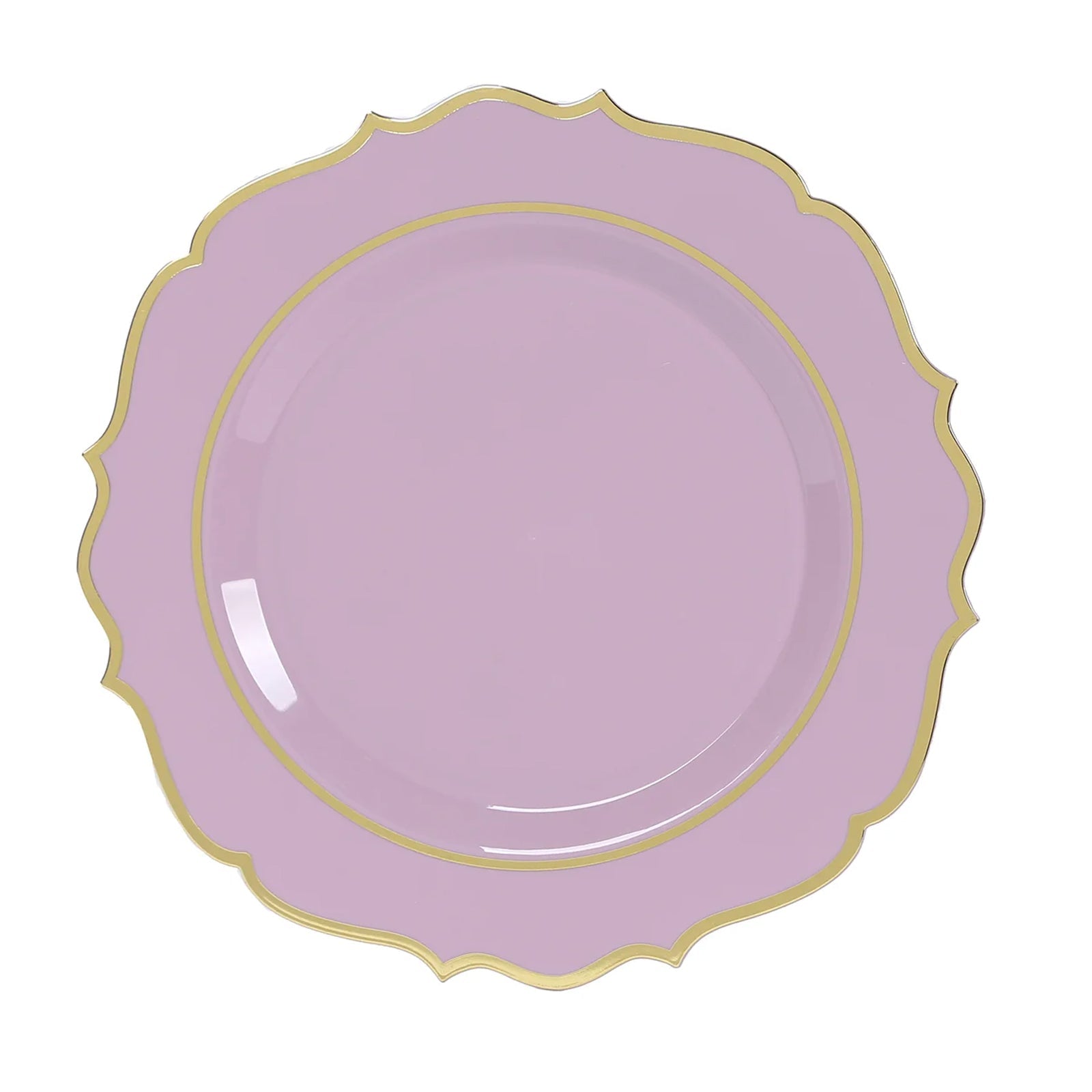 10-Pack Plastic 10 Round Dinner Plates in Lavender Lilac with Gold Scalloped Rim - Disposable Party Plates