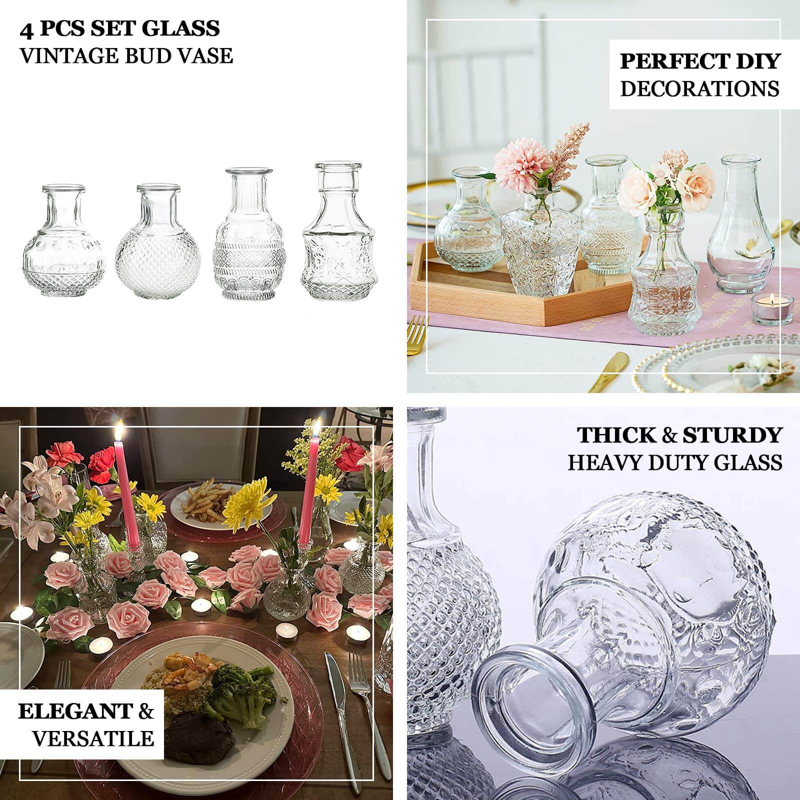 Set of 4 Clear Glass Bud Vases Antique - Vintage Wedding Table Centerpieces for Flowers