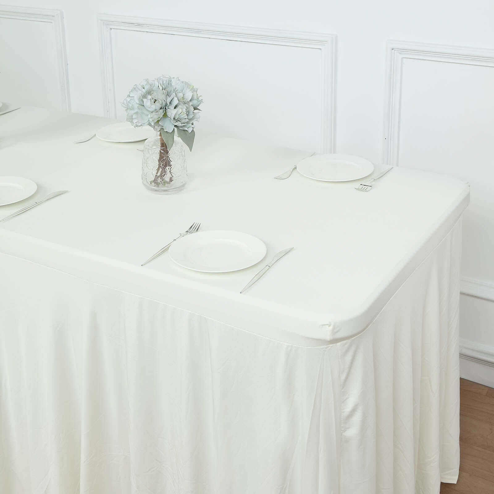 Spandex Rectangle 72x30 Table Skirt Ivory with Wavy Skirt-Like Effect Table Cover