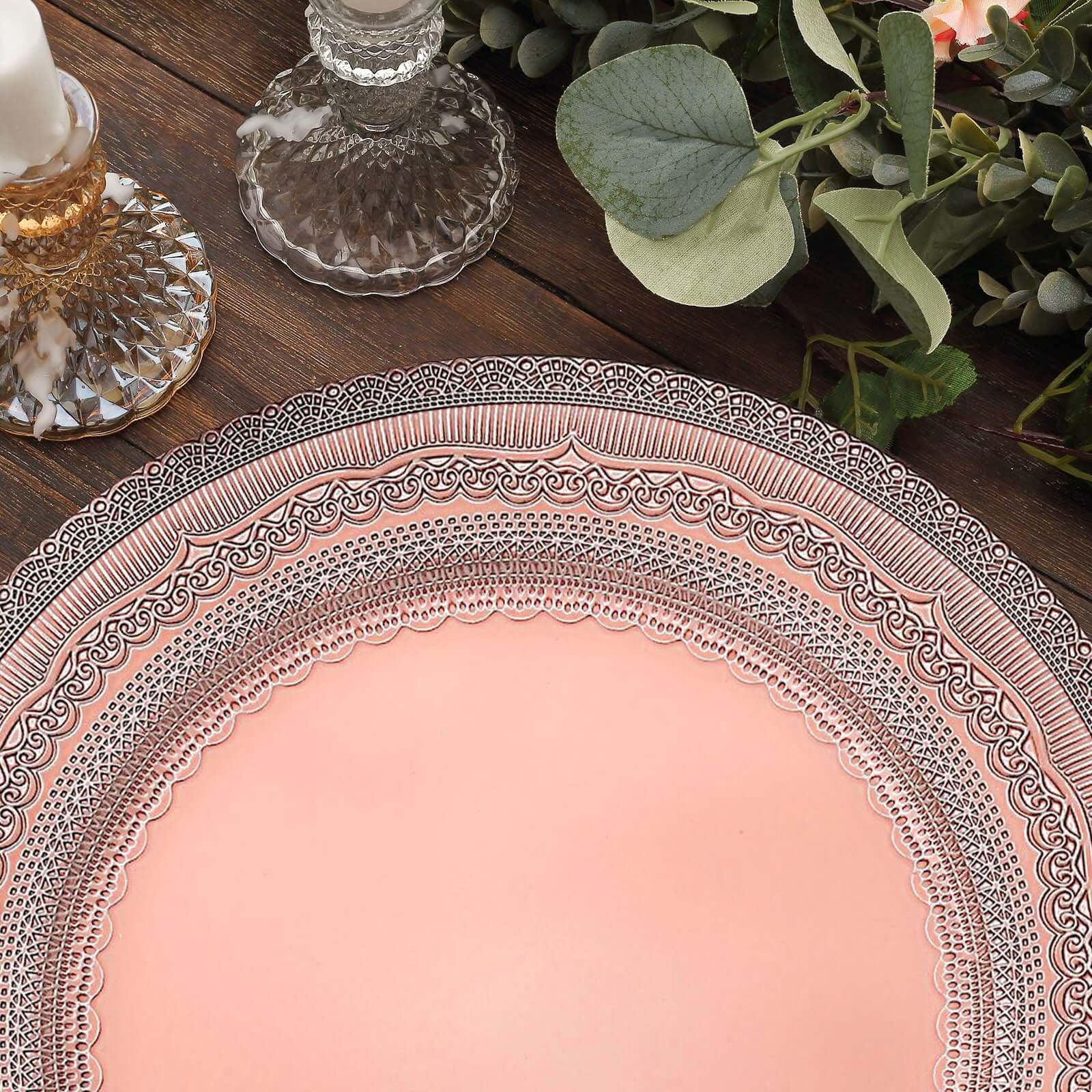 6-Pack Acrylic Round Charger Plates 13 in Rose Gold with Lace Embossed Rim, Rustic Plastic Decorative Charger Tableware