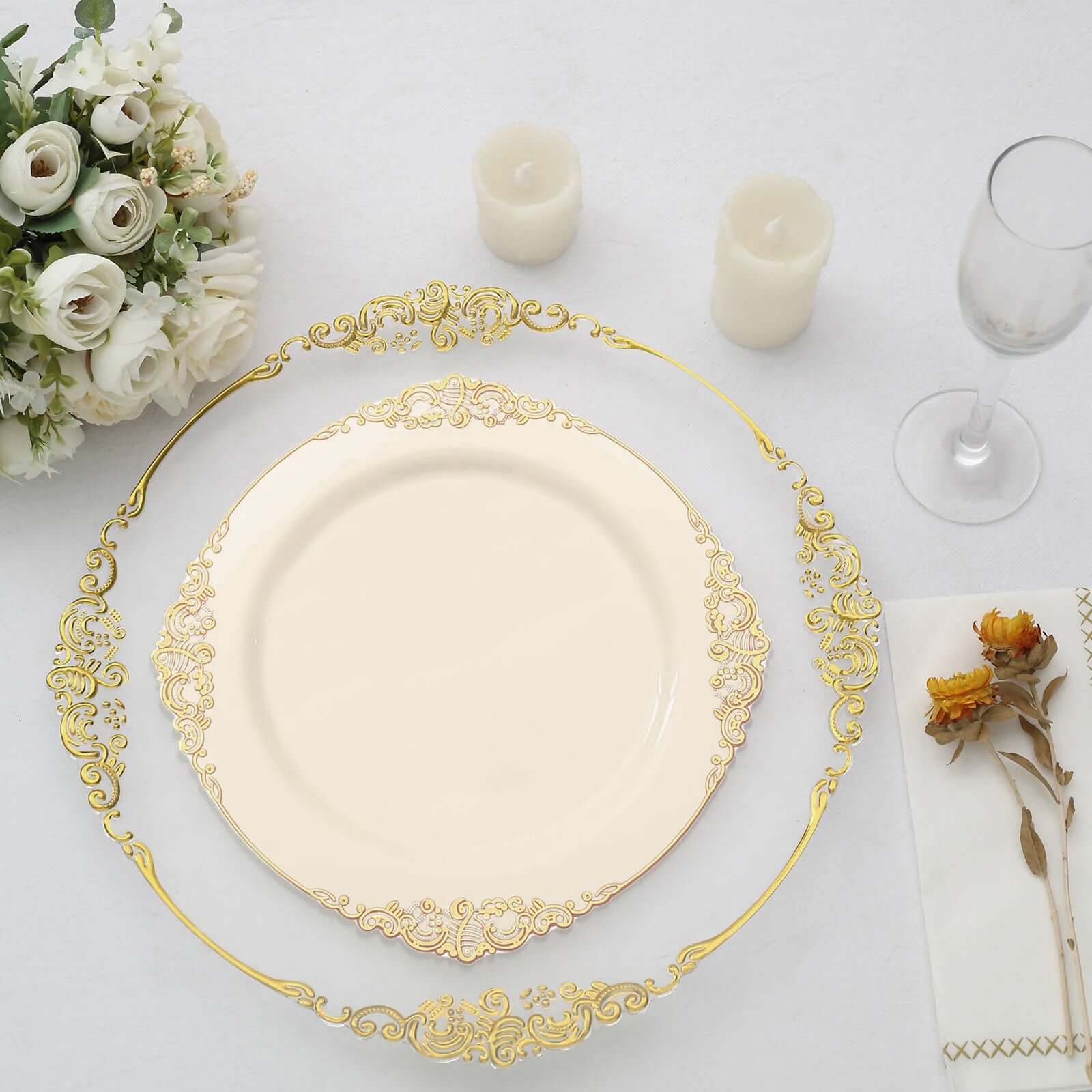 10-Pack Plastic 10 Round Dinner Plates in Ivory with Gold Leaf Embossed Rim - Disposable Vintage Baroque Style Plates