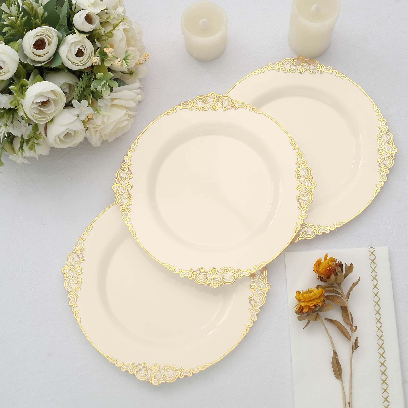 10-Pack Plastic 8 Round Dessert Plates in Ivory with Gold Leaf Embossed Rim - Disposable Vintage Baroque Style Salad Plates