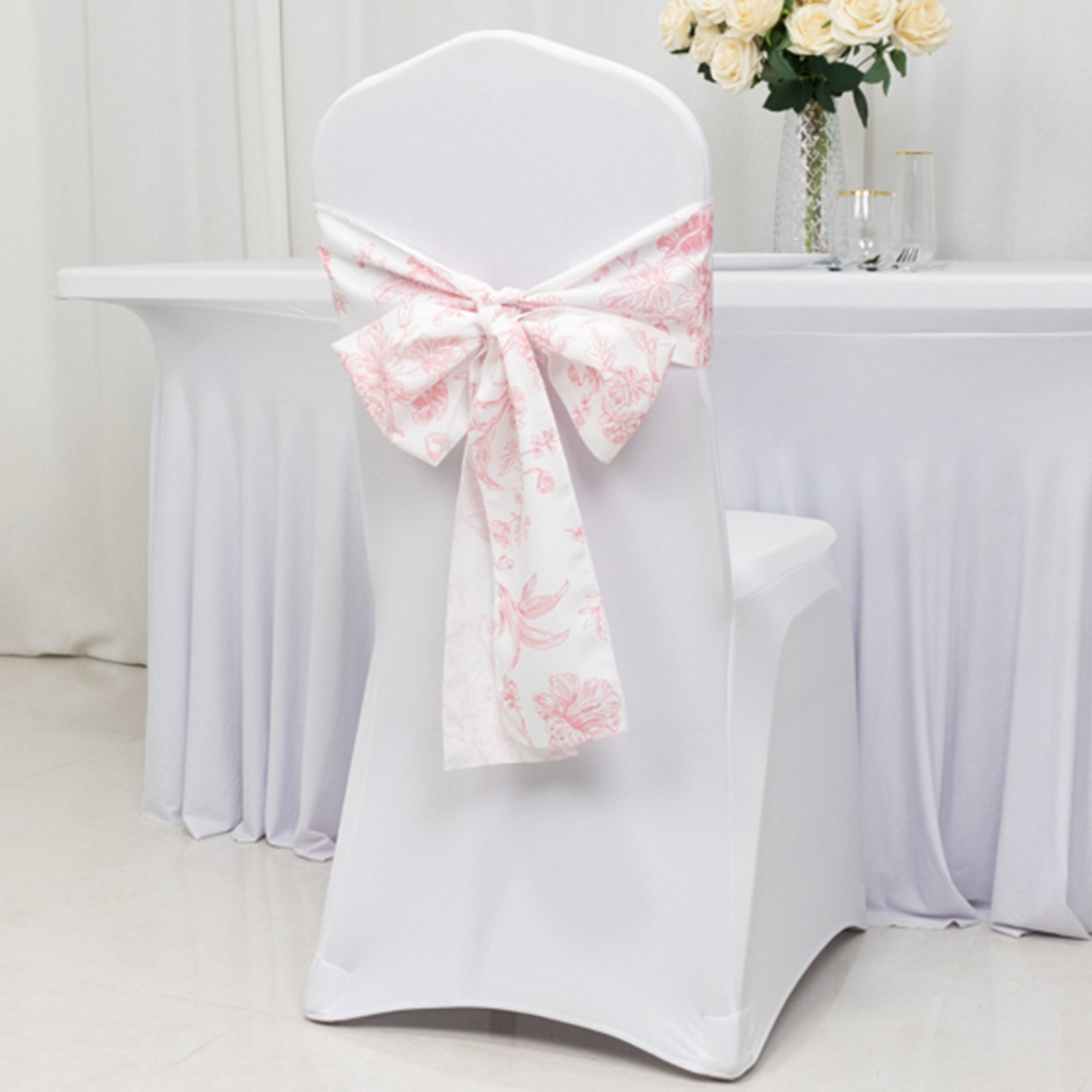 Polyester Chair Sashes White/Pink French Toile Floral Design - Wrinkle-Resistant & Durable Chair Bows 6x108