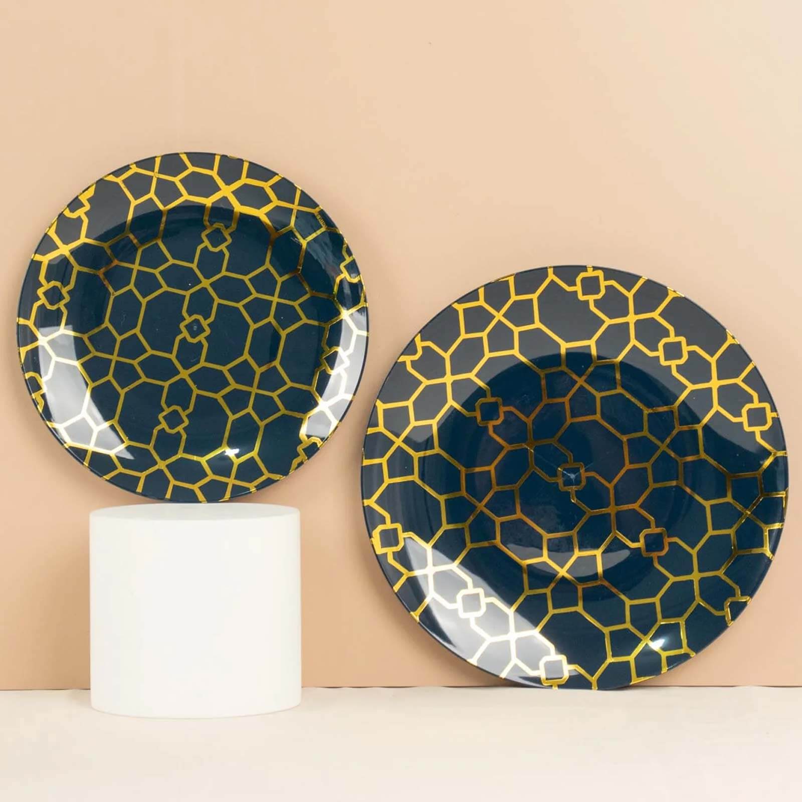 20-Pack Set Plastic Round Dinner and Salad Plates in Navy Blue with Geometric Gold Print - Modern Disposable Dinnerware Set for Weddings & Celebrations 9, 7