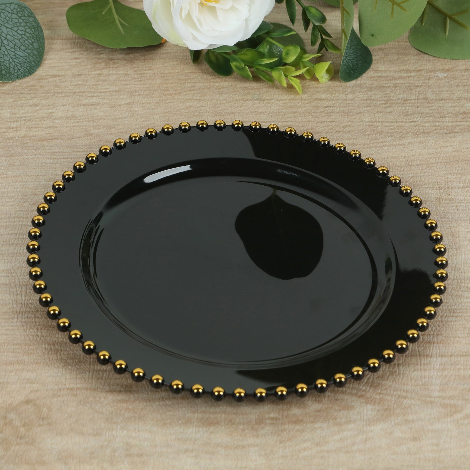 10-Pack Plastic 10 Round Dinner Plates in Black with Gold Beaded Rim - Disposable Party Plates for Banquets & Festive Occasions