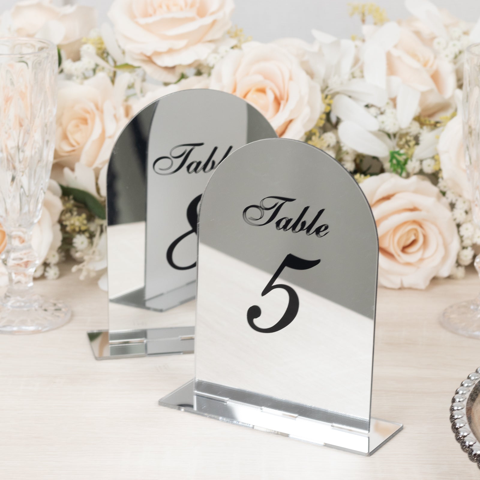 Silver Mirror Arch Acrylic Table Numbers (1-10) - 6x7 Wedding Reception Signs with Black Print & Stands