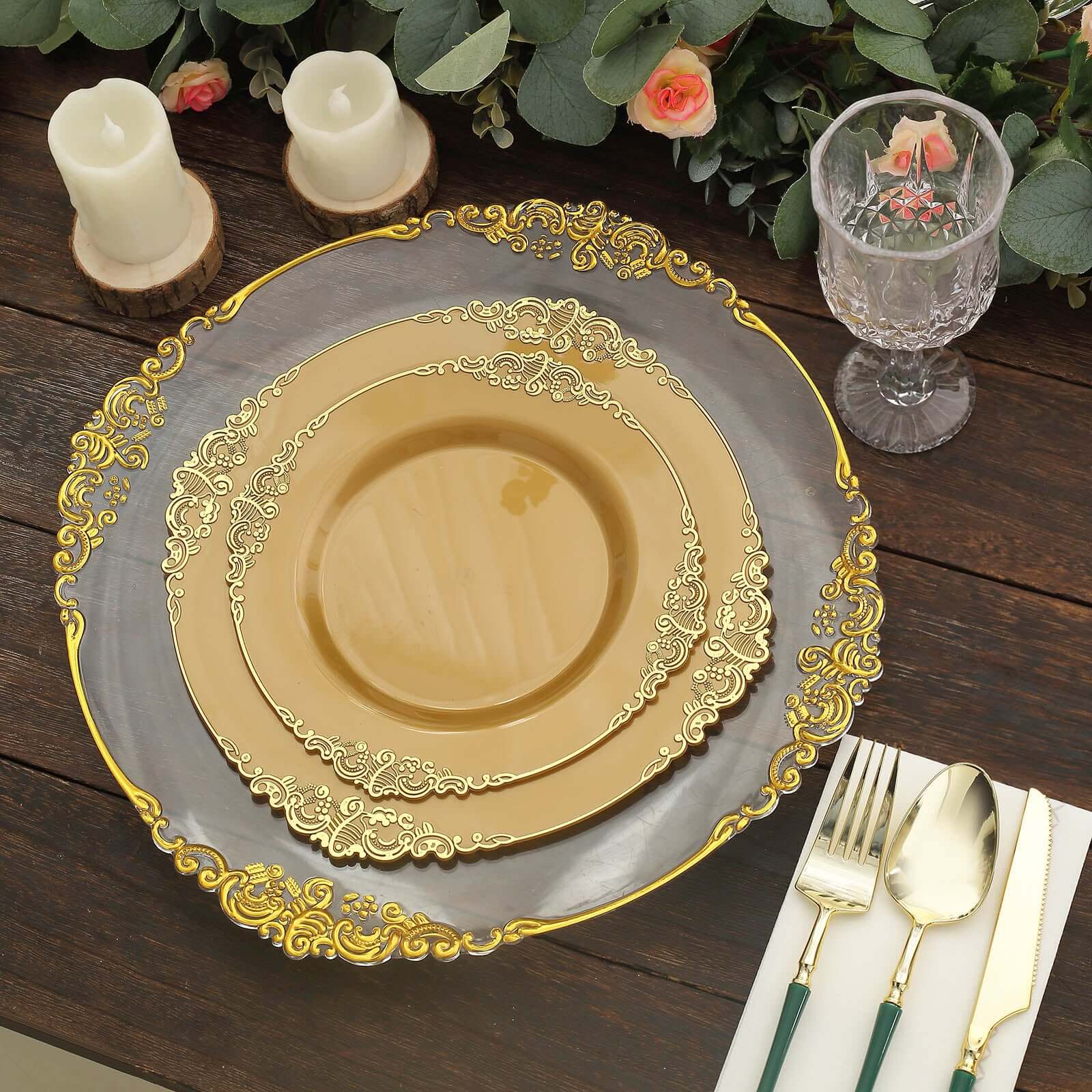 10-Pack Plastic 8 Round Dessert Plates in Gold with Leaf Embossed Rim - Disposable Vintage Baroque Style Salad Plates for Luxurious Gatherings & Events