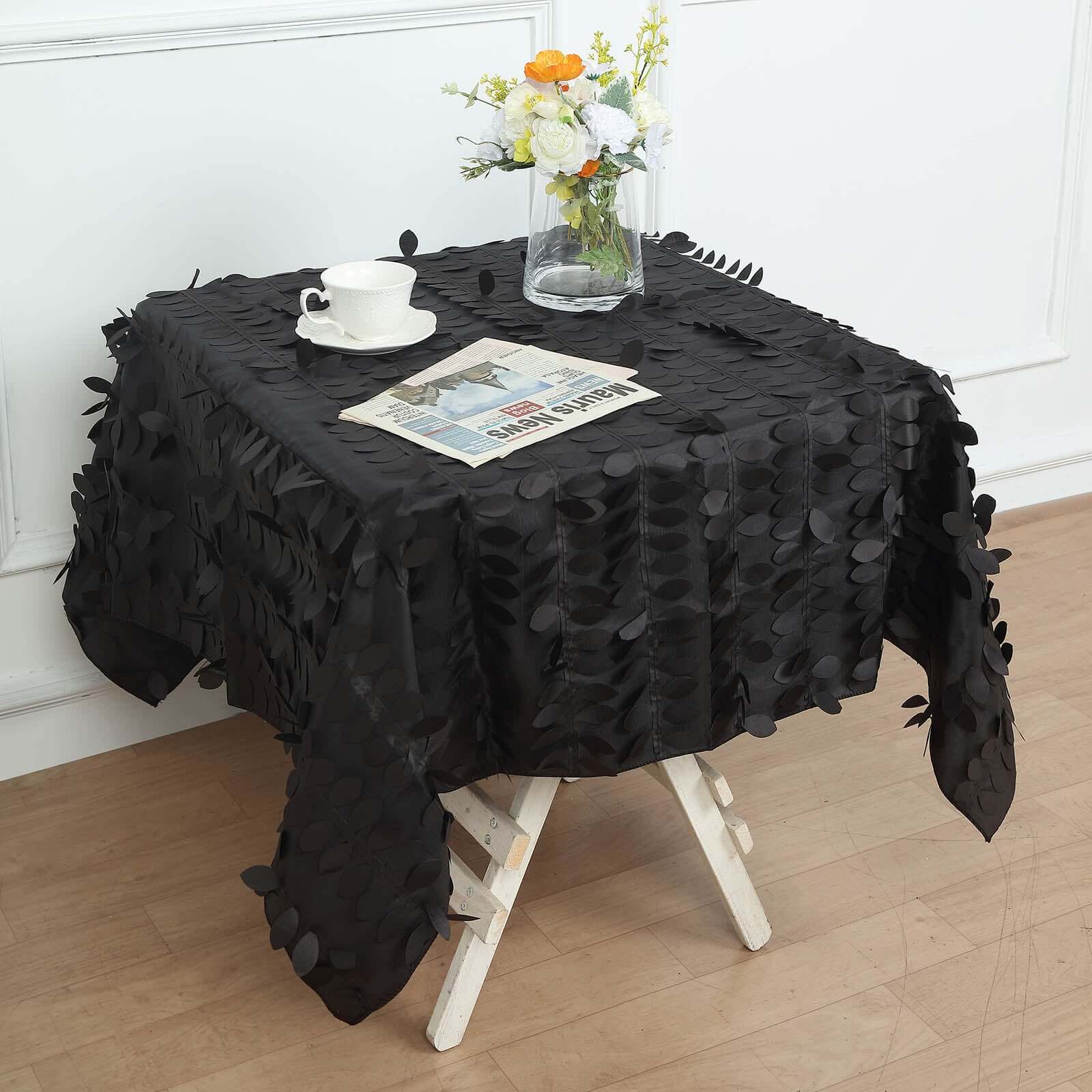 Taffeta 54x54 Square Tablecloth Black 3D Leaf Petal Table Cover