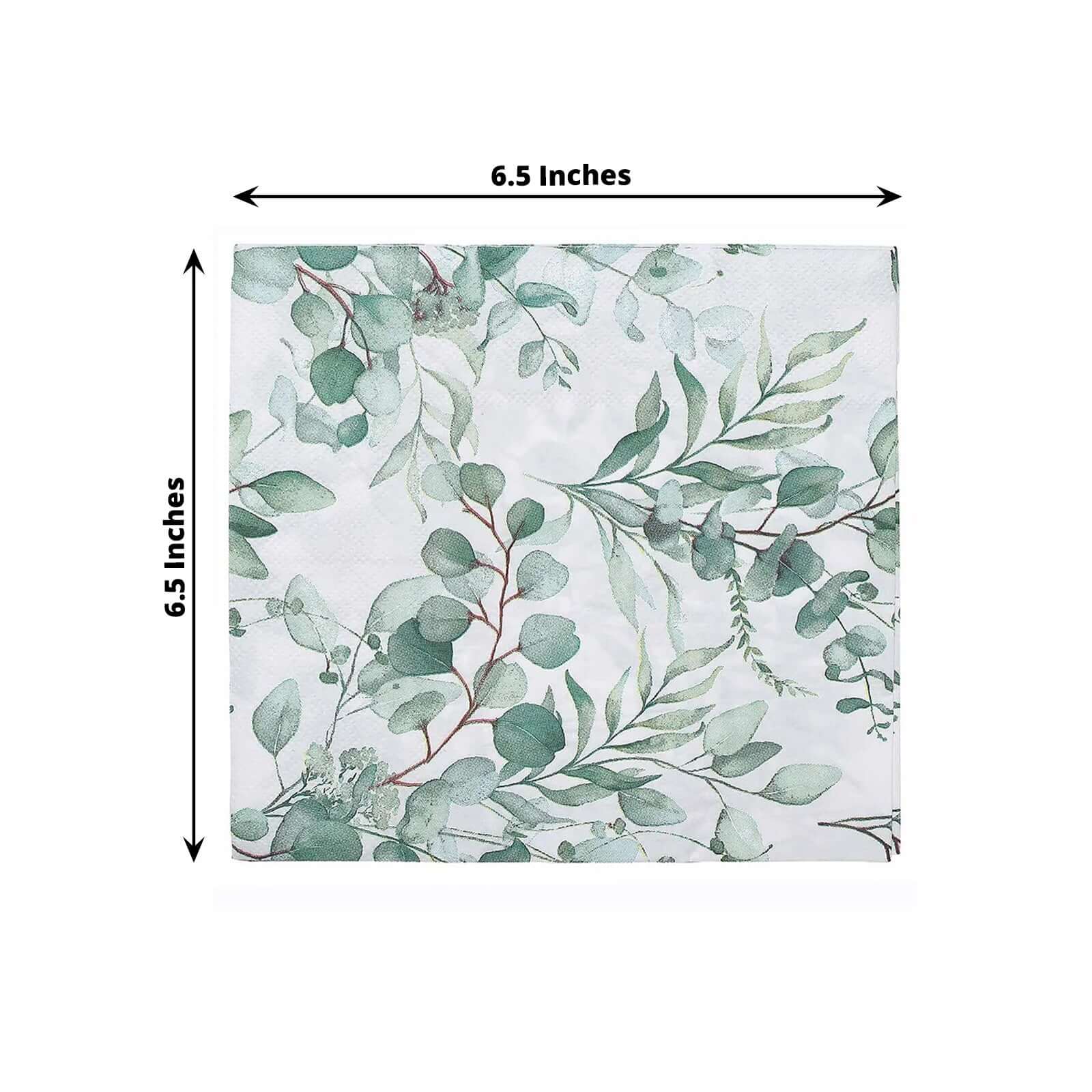 50-Pack Paper Beverage Napkins with Green Foliage Eucalyptus Leaves Design - 2 Ply Soft 18GSM Boho Wedding Napkins 6.5x6.5