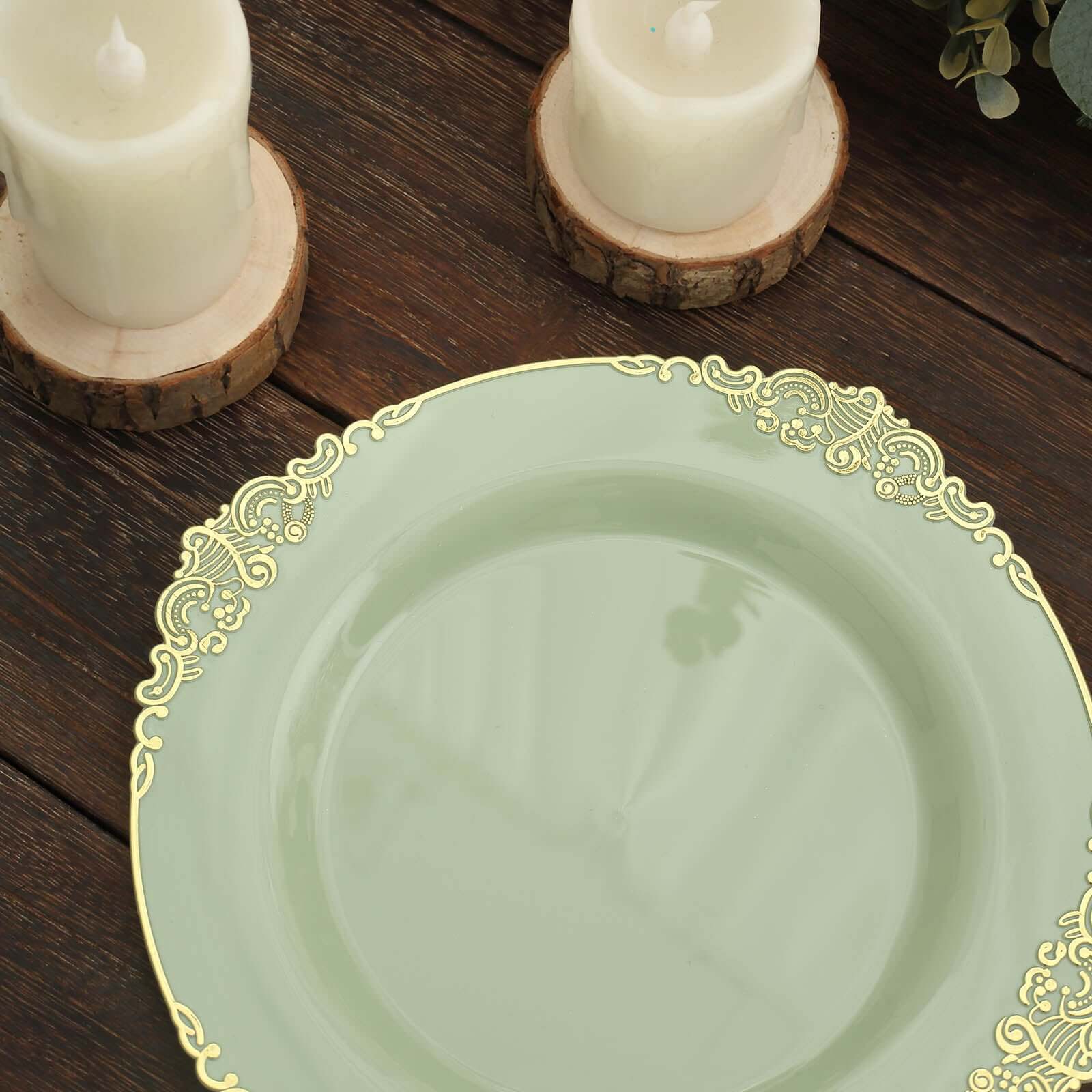 10-Pack Plastic 8 Round Dessert Plates in Sage Green with Gold Leaf Embossed Rim - Disposable Vintage Baroque Style Salad Plates