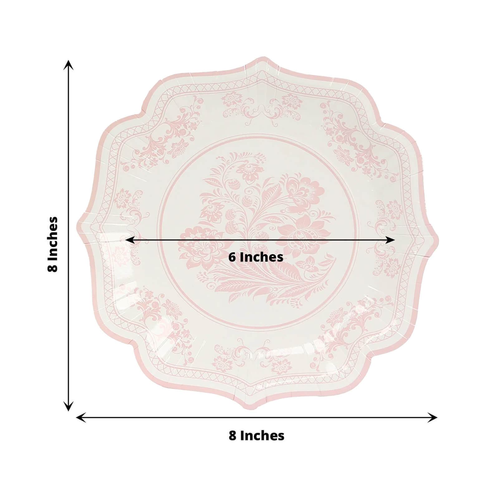 25-Pack Paper Dessert Plates in White with Pink French Toile Print & Scallop Rim - Stylish Disposable 300GSM Floral Salad Appetizer Plates 8