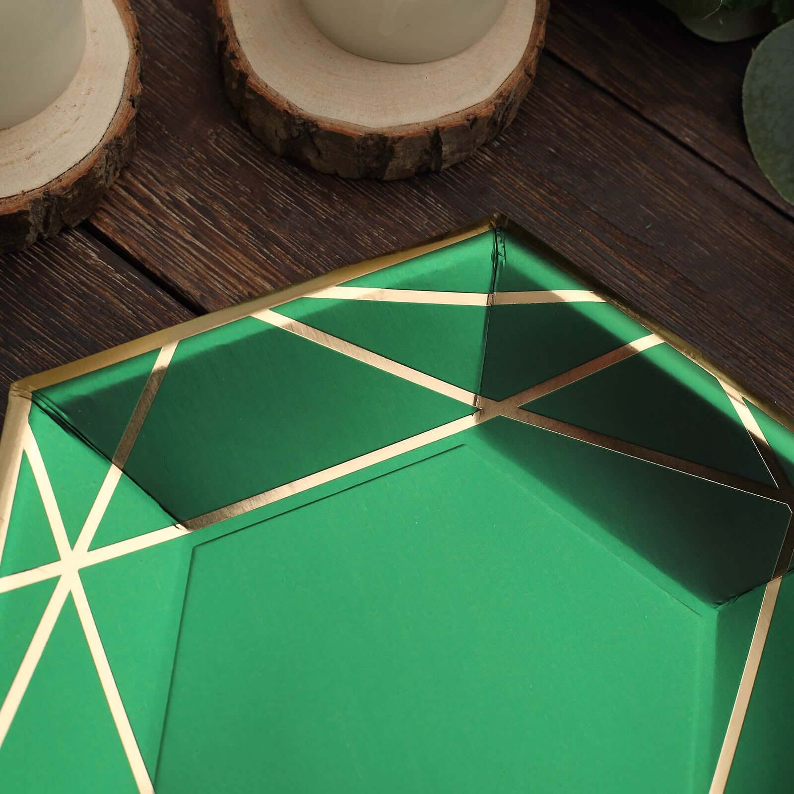 25-Pack Paper 7 Hexagon Dessert Plates in Hunter Emerald Green with Gold Geometric Lines & Rim - Stylish Disposable Geometric 300GSM Appetizer Salad Plates