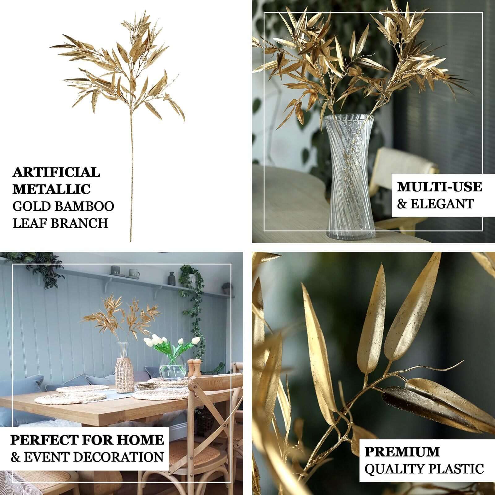 2-Pack Artificial Metallic Bamboo Leaf Branches Gold - Shiny Faux Plant Stems Vase Filler Floral Arrangement Centerpiece Decor 33