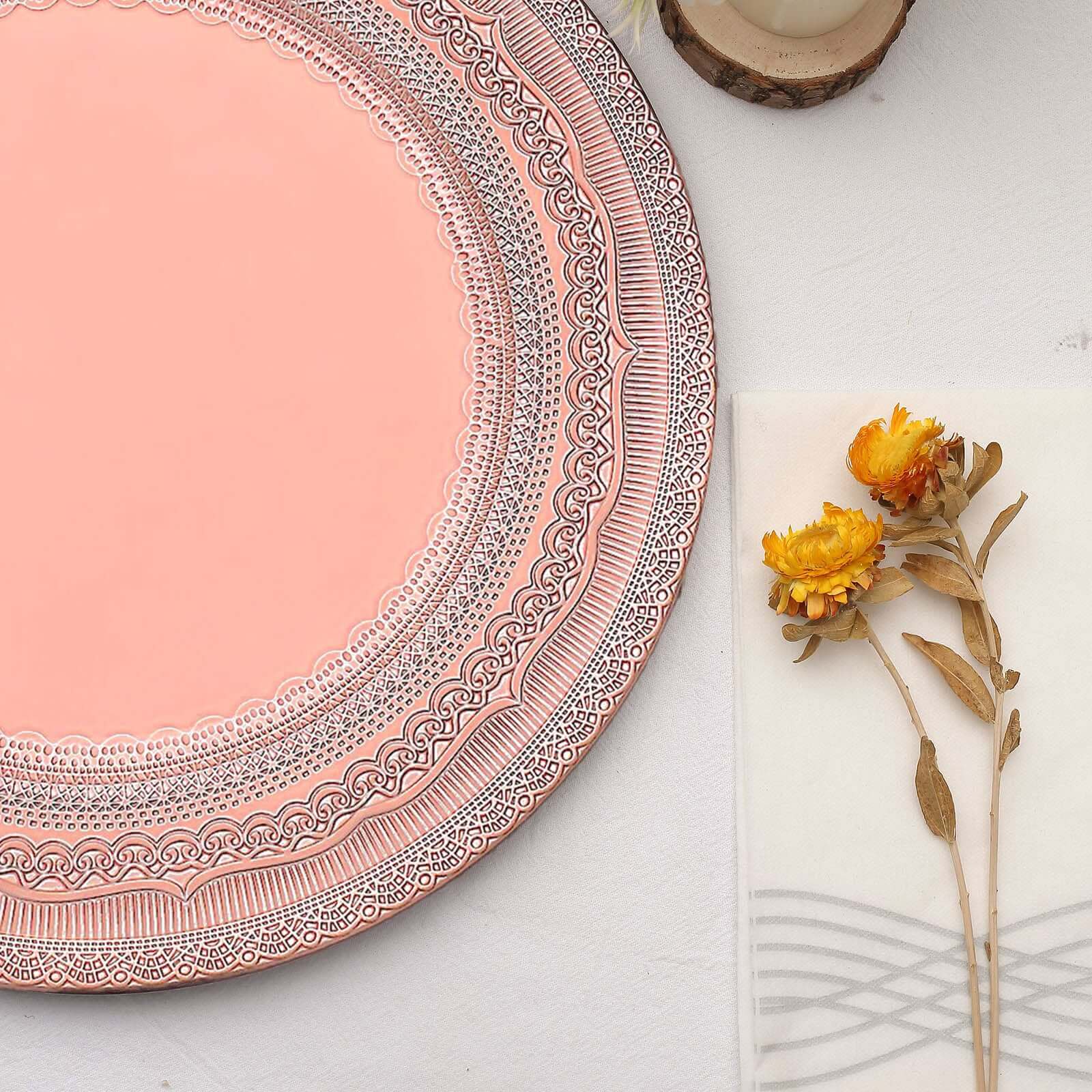 6-Pack Acrylic Round Charger Plates 13 in Rose Gold with Lace Embossed Rim, Rustic Plastic Decorative Charger Tableware