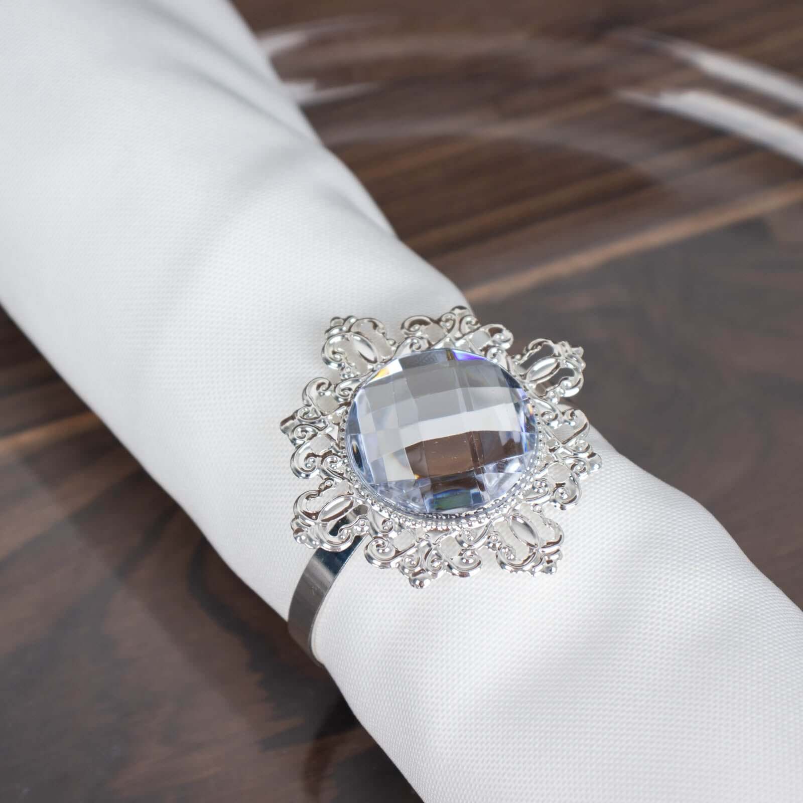 6 Pack 2 Silver Metal Clear Crystal Rhinestone Napkin Rings, Diamond Bling Napkin Holders