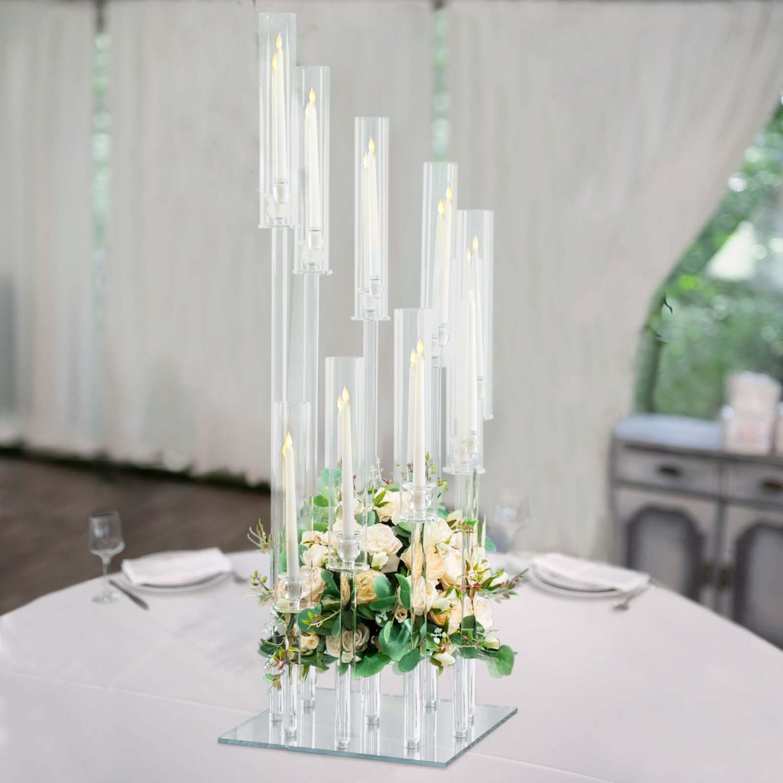 Crystal Glass Cluster Candelabra Pedestal Stand - Square Hurricane Taper Candle Holder Table Centerpiece 4ft