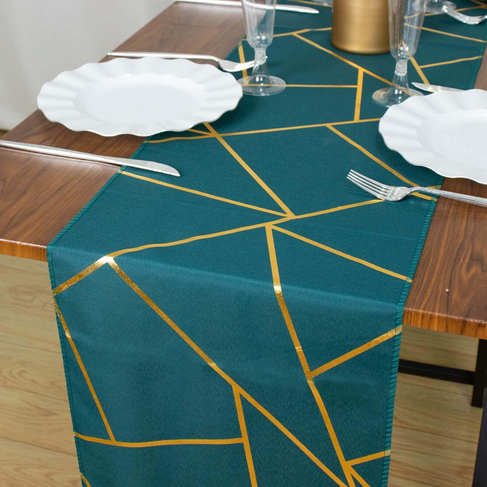 Polyester 9ft Table Runner Peacock Teal with Gold Foil Modern Geometric Accent