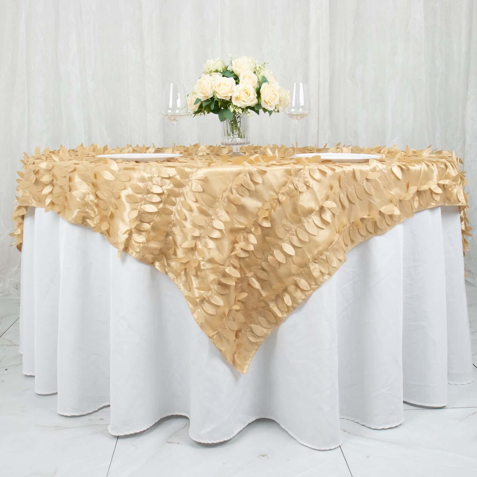 Taffeta 72x72 Table Overlay Square Tablecloth Champagne - 3D Leaf Petal Table Cover