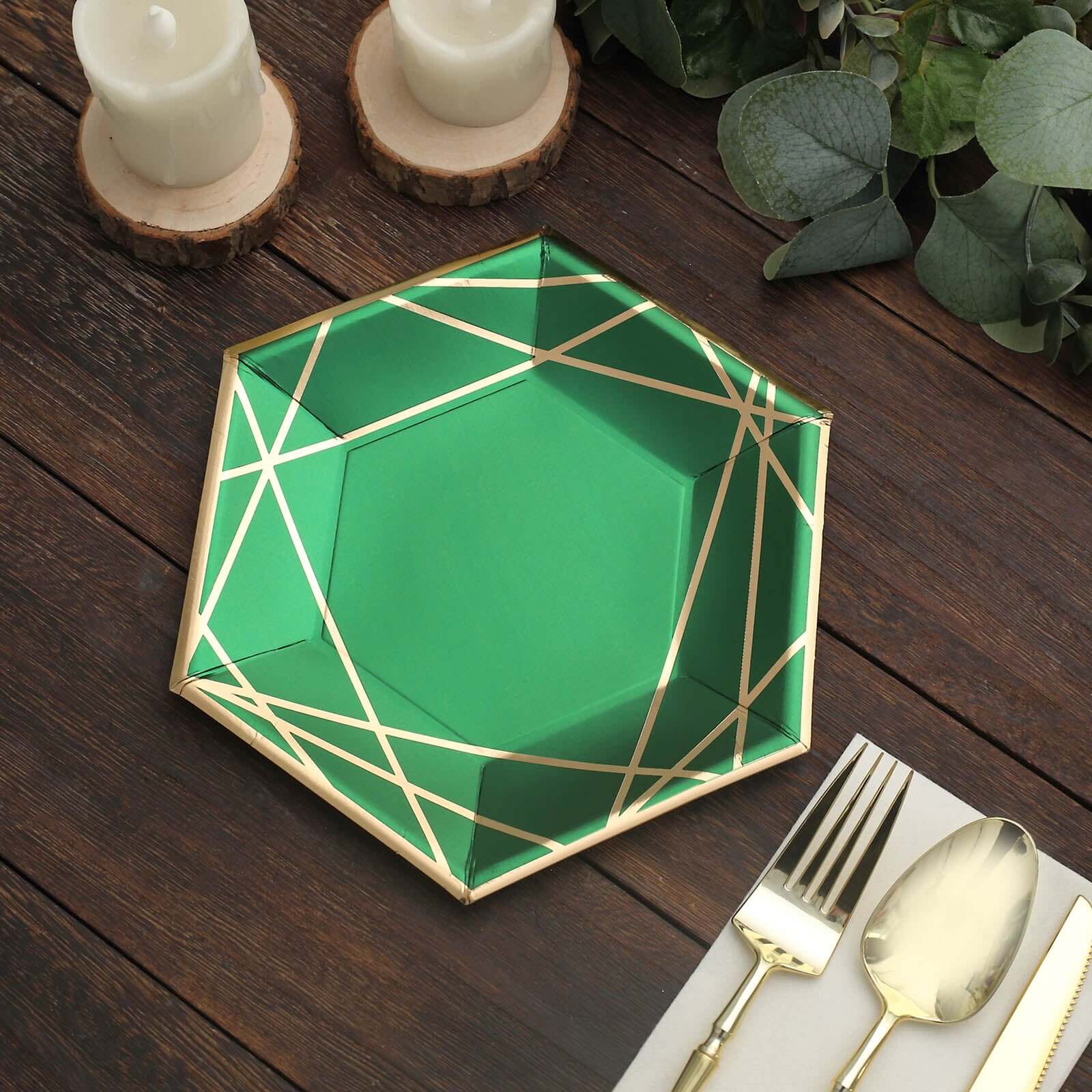 25-Pack Paper 7 Hexagon Dessert Plates in Hunter Emerald Green with Gold Geometric Lines & Rim - Stylish Disposable Geometric 300GSM Appetizer Salad Plates