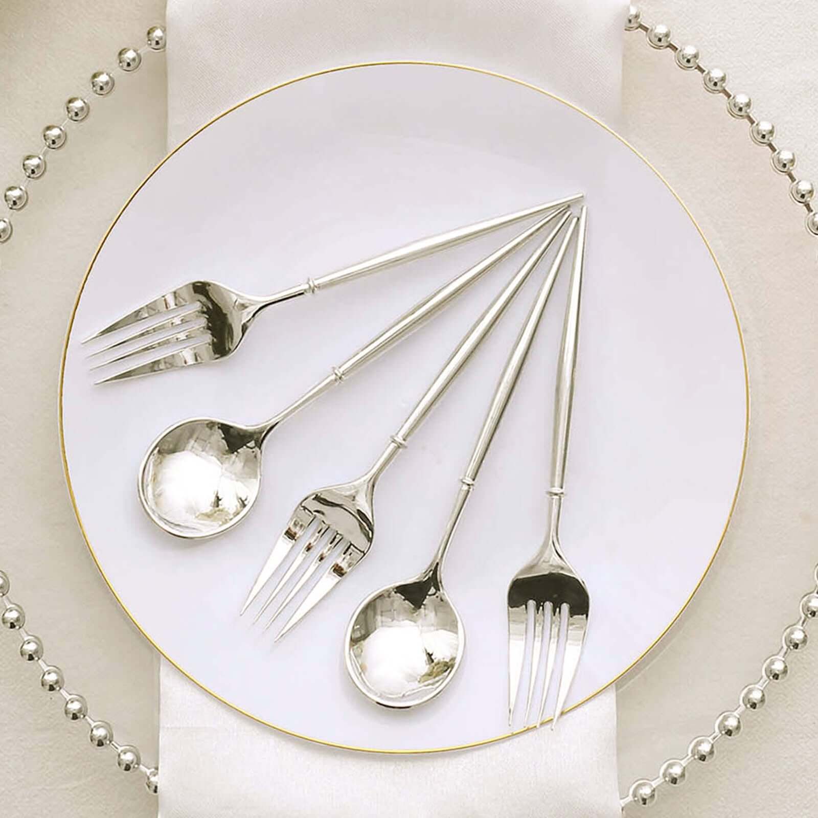 24-Pack Plastic Fork and Spoon Set Metallic Silver - Heavy Duty Disposable Modern Utensils 6