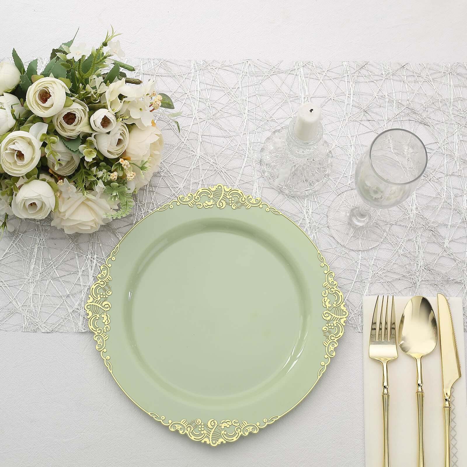 10-Pack Plastic 10 Round Dinner Plates in Sage Green with Gold Leaf Embossed Rim - Disposable Vintage Baroque Style Plates