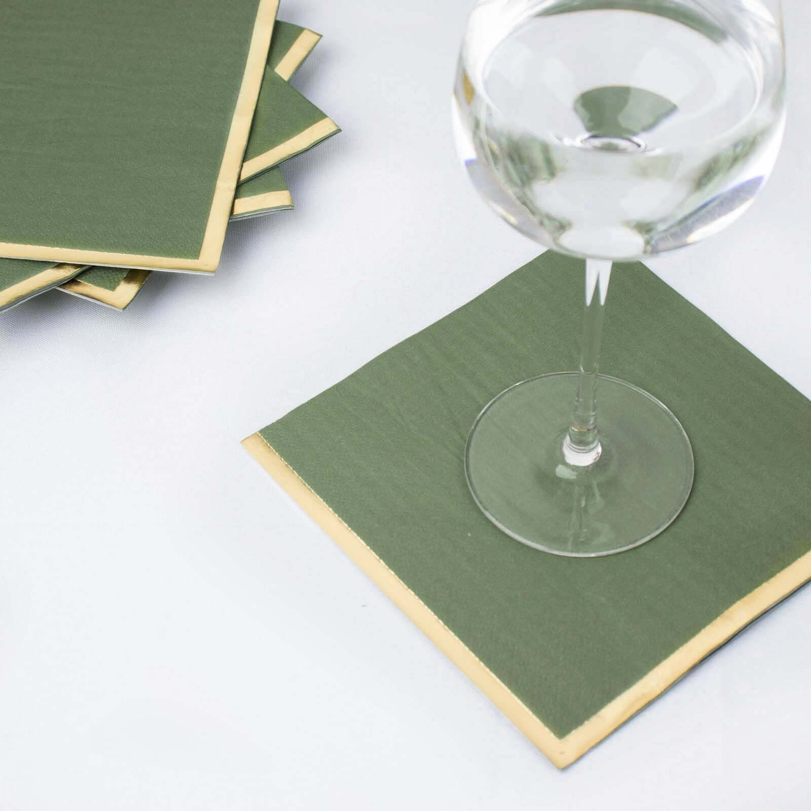 50-Pack Paper Beverage Napkins with Gold Foil Olive Green - Disposable 2 Ply Cocktail Napkins for Events 6.5x6.5