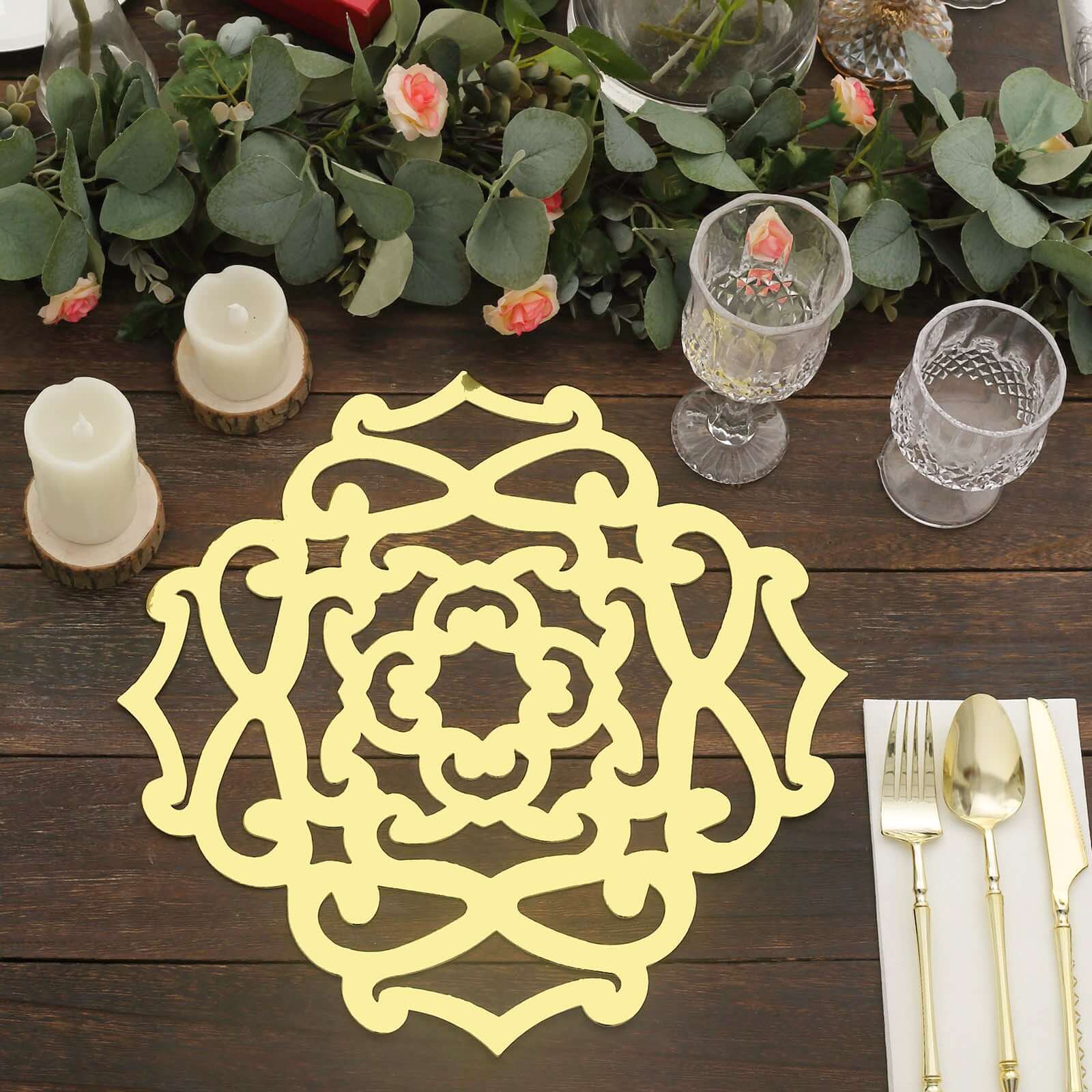 6-Pack Disposable Table Placemats in Metallic Gold Laser Cut Flower Design - 700GSM Cardboard Placemats for Glamorous Table Settings 13