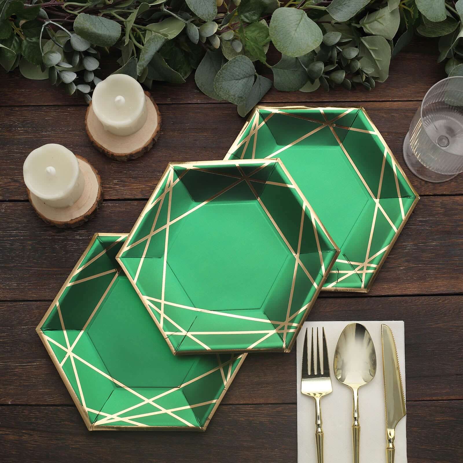 25-Pack Paper 7 Hexagon Dessert Plates in Hunter Emerald Green with Gold Geometric Lines & Rim - Stylish Disposable Geometric 300GSM Appetizer Salad Plates