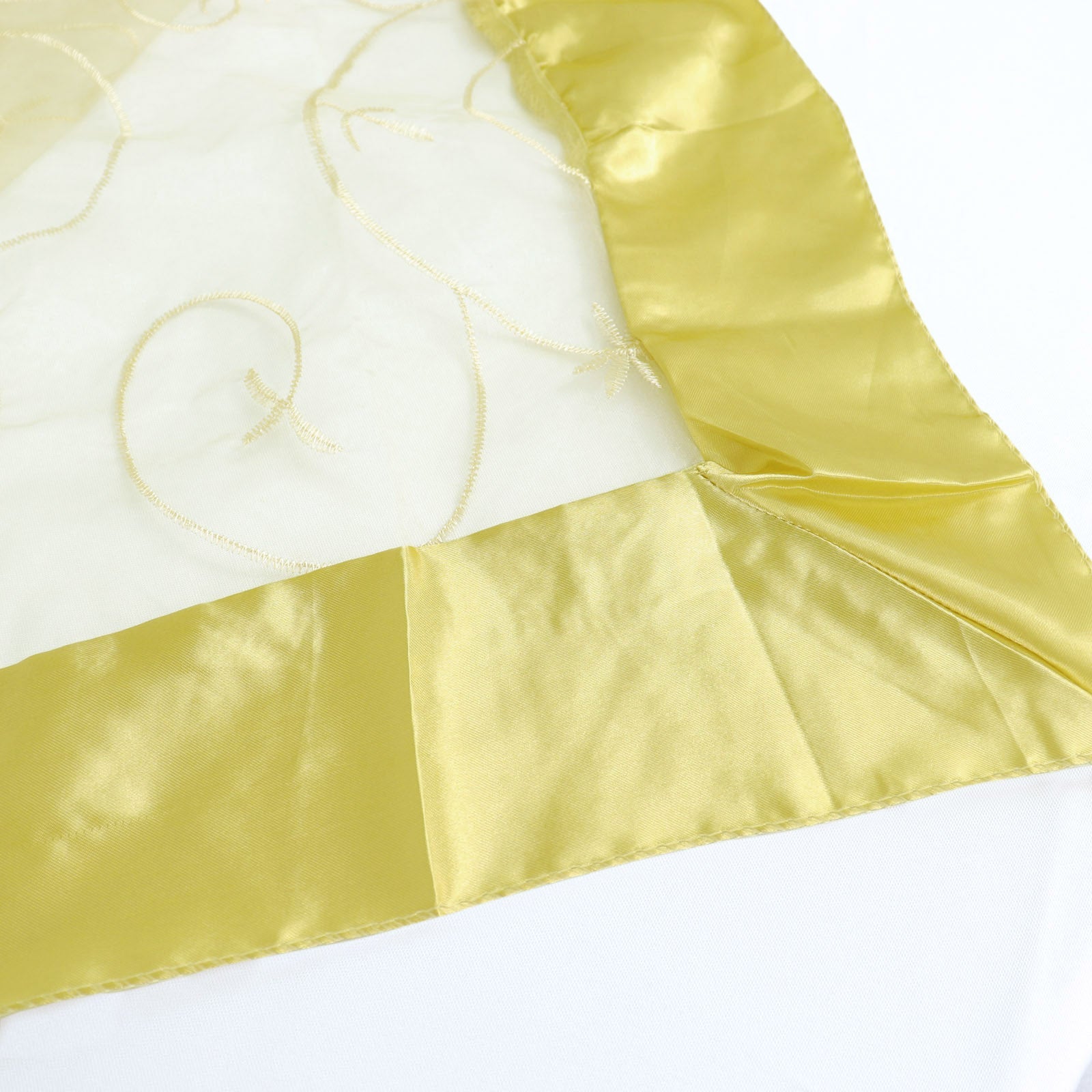 60x60 Yellow Embroidered Sheer Organza Square Table Overlay With Satin Edge