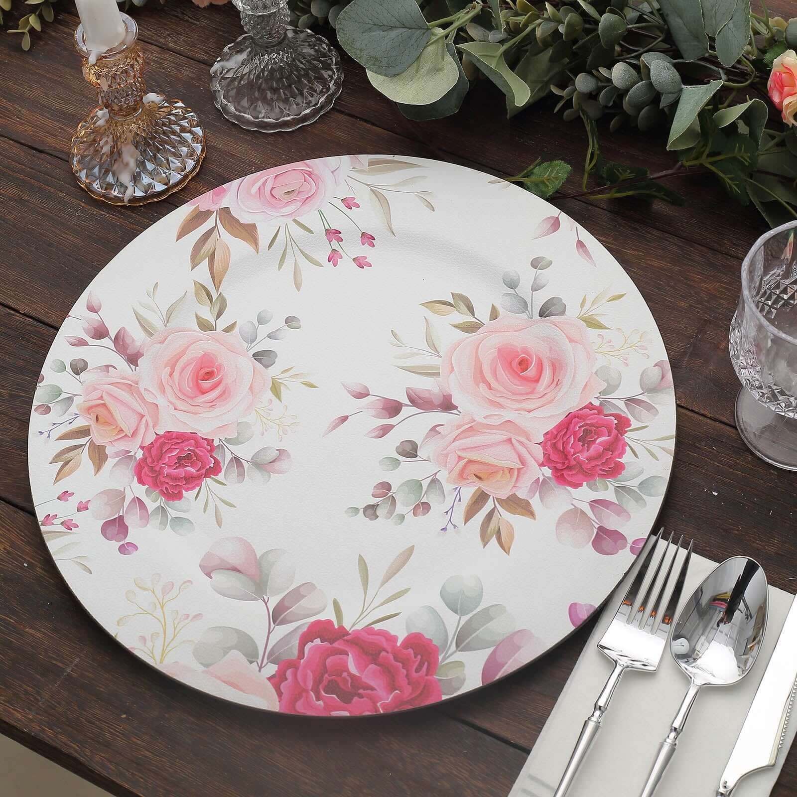 6-Pack Plastic Round Charger Plates 13 in White with Assorted Rose Floral Print, Decorative Dinner Party Charger Tableware