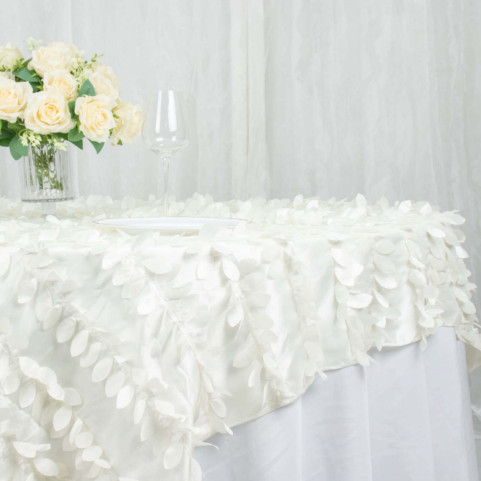 Taffeta 72x72 Table Overlay Square Tablecloth Ivory - 3D Leaf Petal Table Cover