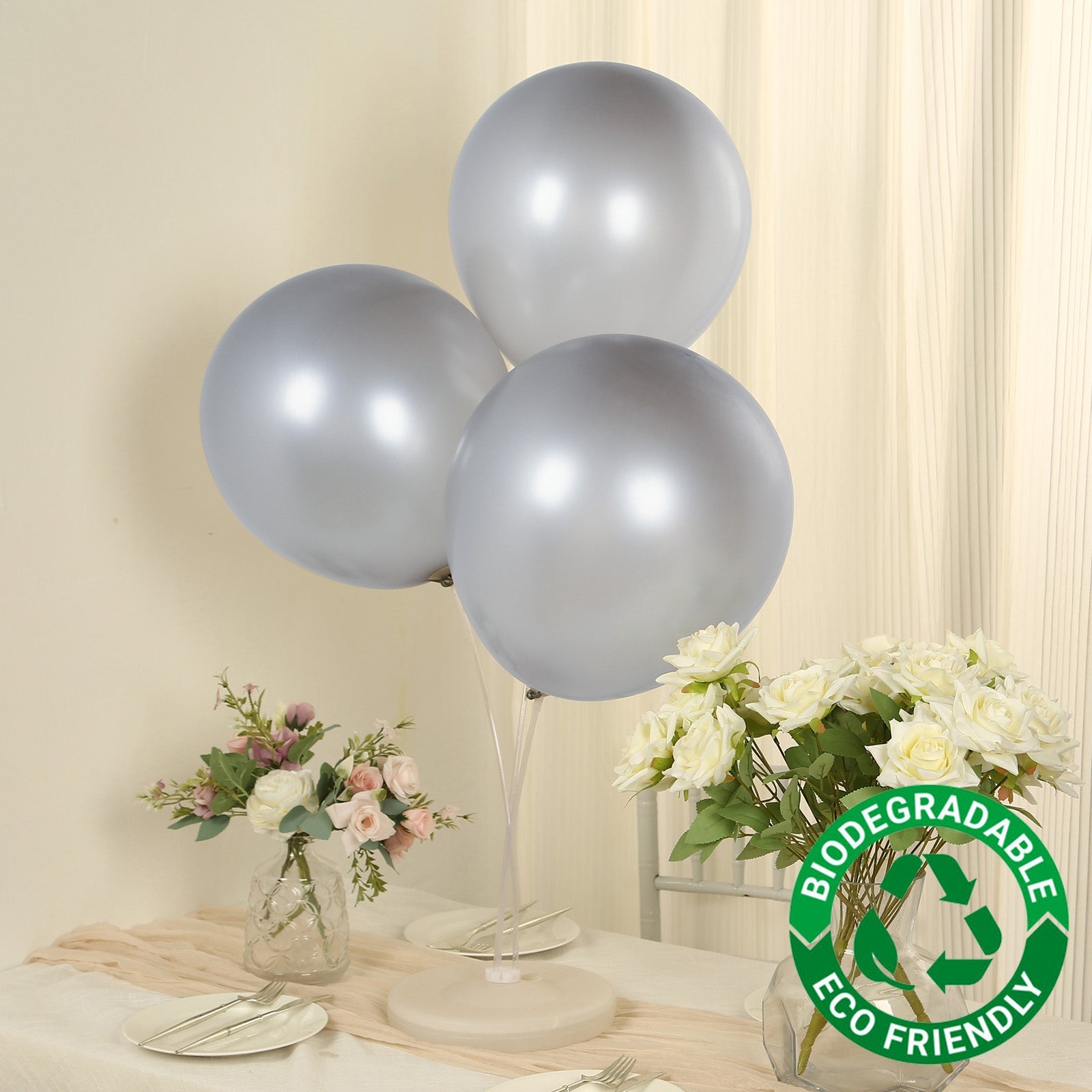 10 Pack Chrome Silver Biodegradable Latex Balloons 18, Thick Eco Friendly Metallic Party Balloons