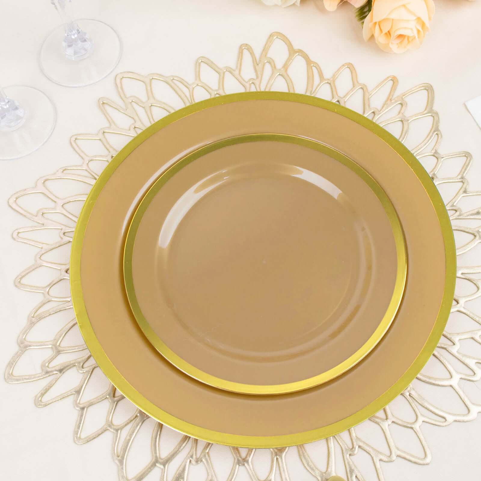 10-Pack Plastic 7 Round Appetizer Plates in Gold with Gold Rim - Sleek Disposable Salad Plates for Banquets & Special Occasions