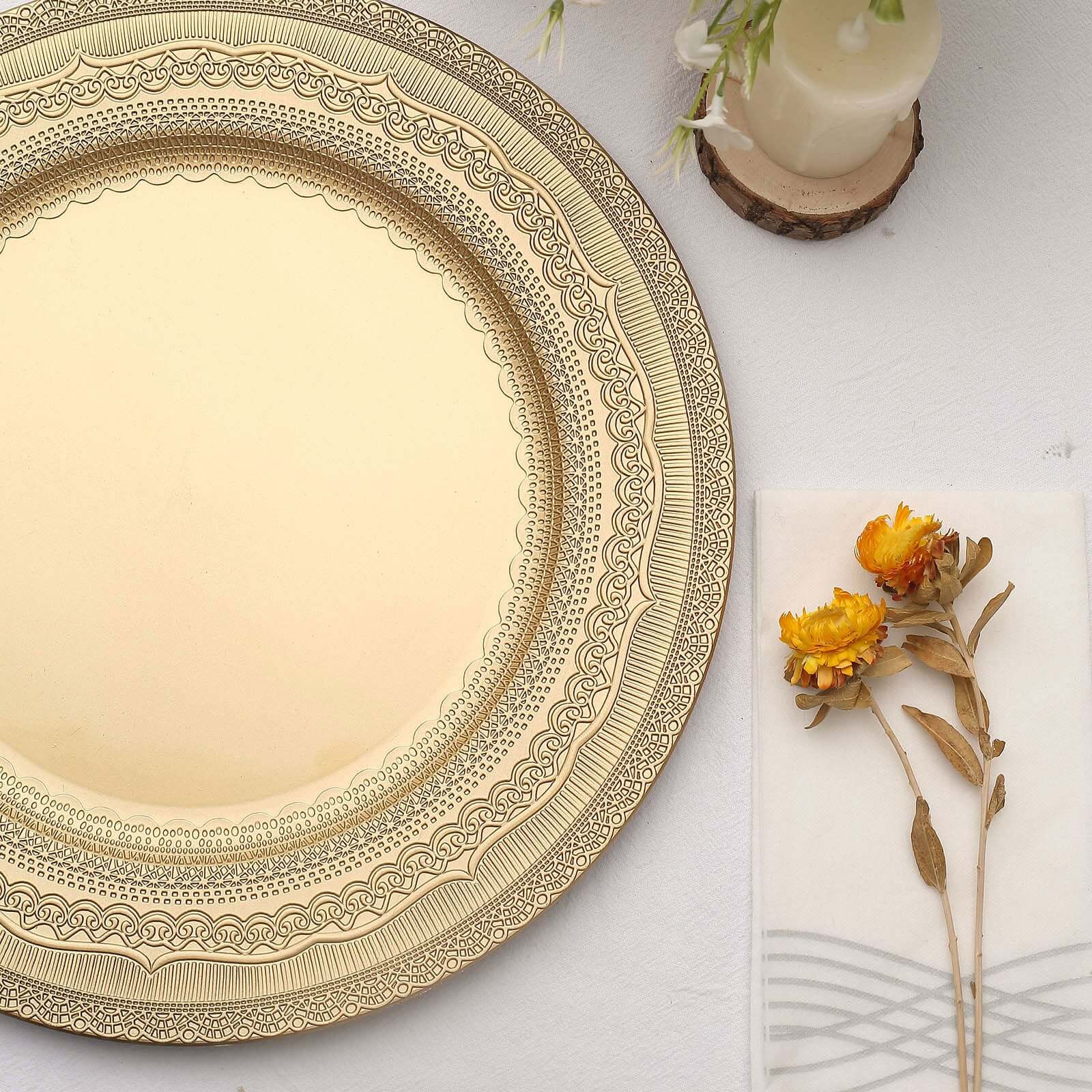 6-Pack Acrylic Round Charger Plates 13 in Gold with Lace Embossed Rim, Rustic Plastic Decorative Charger Tableware