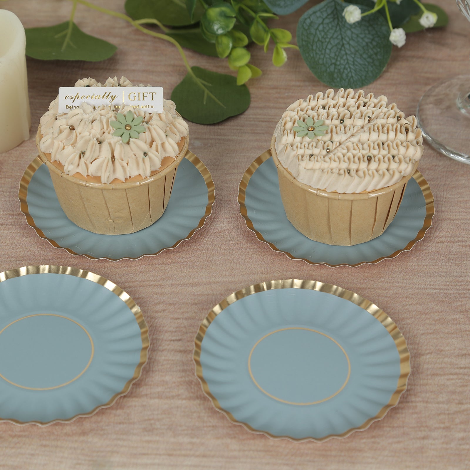 50-Pack Paper 3.5 Round Party Plates in Dusty Blue with Gold Scalloped Rim - Disposable Mini 250GSM Dessert Plates for Tapas, Appetizers & Finger Foods