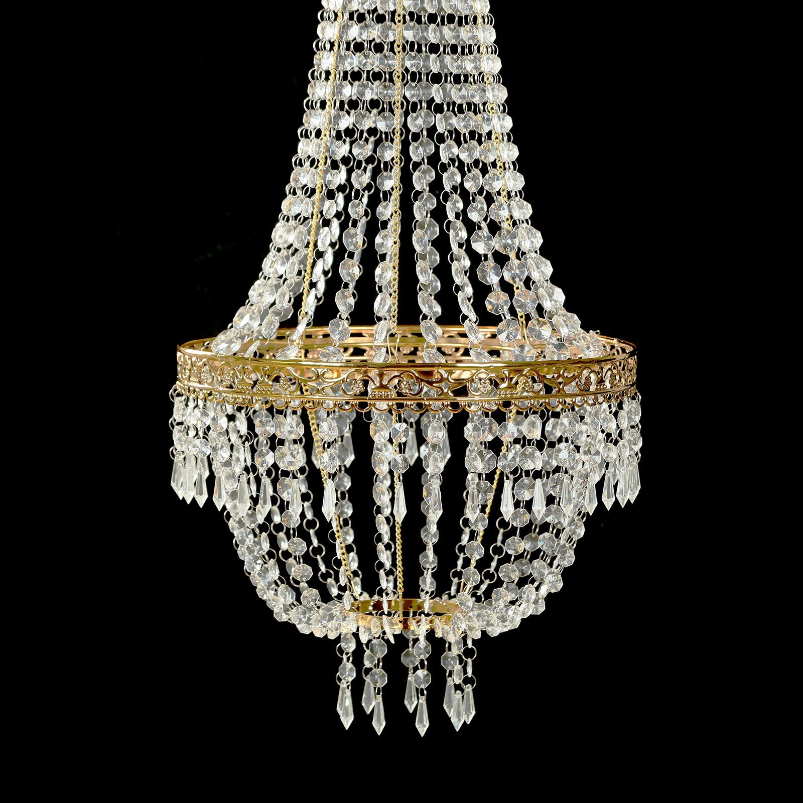 2ft Empire Style Beaded Crystal Chandelier with Gold Ornate Metal Frame, Adjustable Hanging Farmhouse Pendant Ceiling Lighting