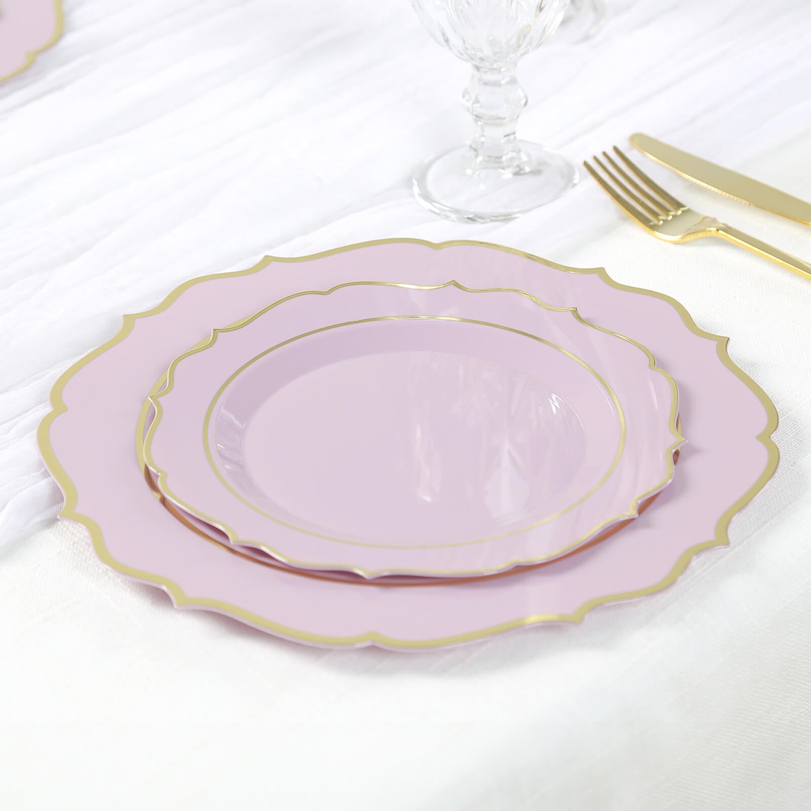 10-Pack Plastic 8 Round Desert Plates in Lavender Lilac with Gold Scalloped Rim - Disposable Appetizer/Salad Plates