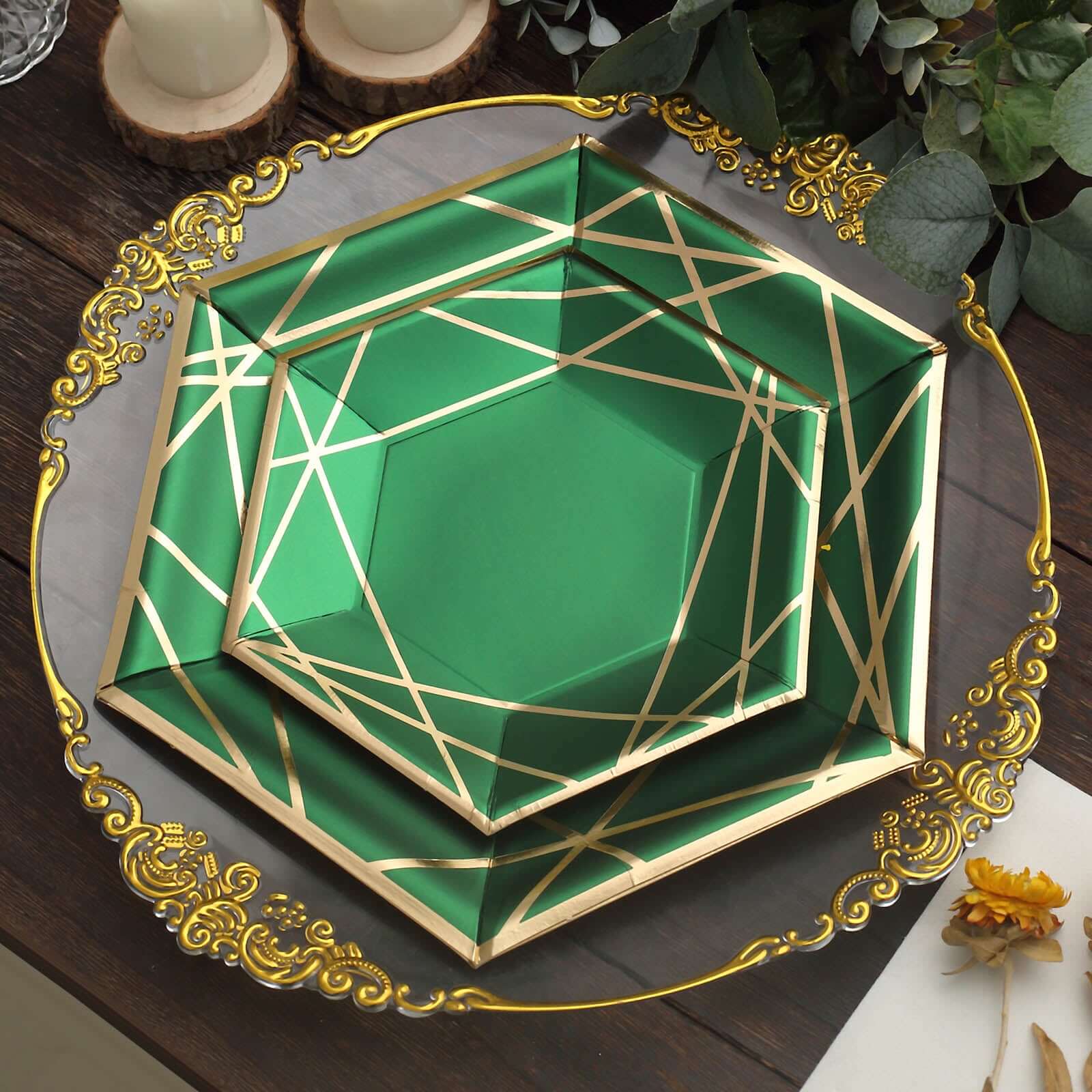 25-Pack Paper 9 Hexagon Dinner Plates in Hunter Emerald Green with Gold Geometric Lines & Rim - Stylish Disposable Geometric 300GSM Party Plates