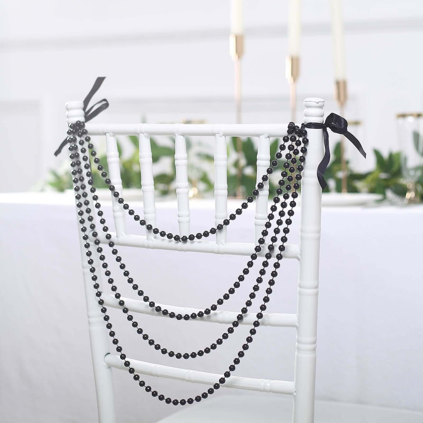 Faux Pearl Beaded 16 Chair Back Garland Sash Black Gatsby-Inspired Style - Pre-Tied Chic Wedding Decor for Chiavari Chairs