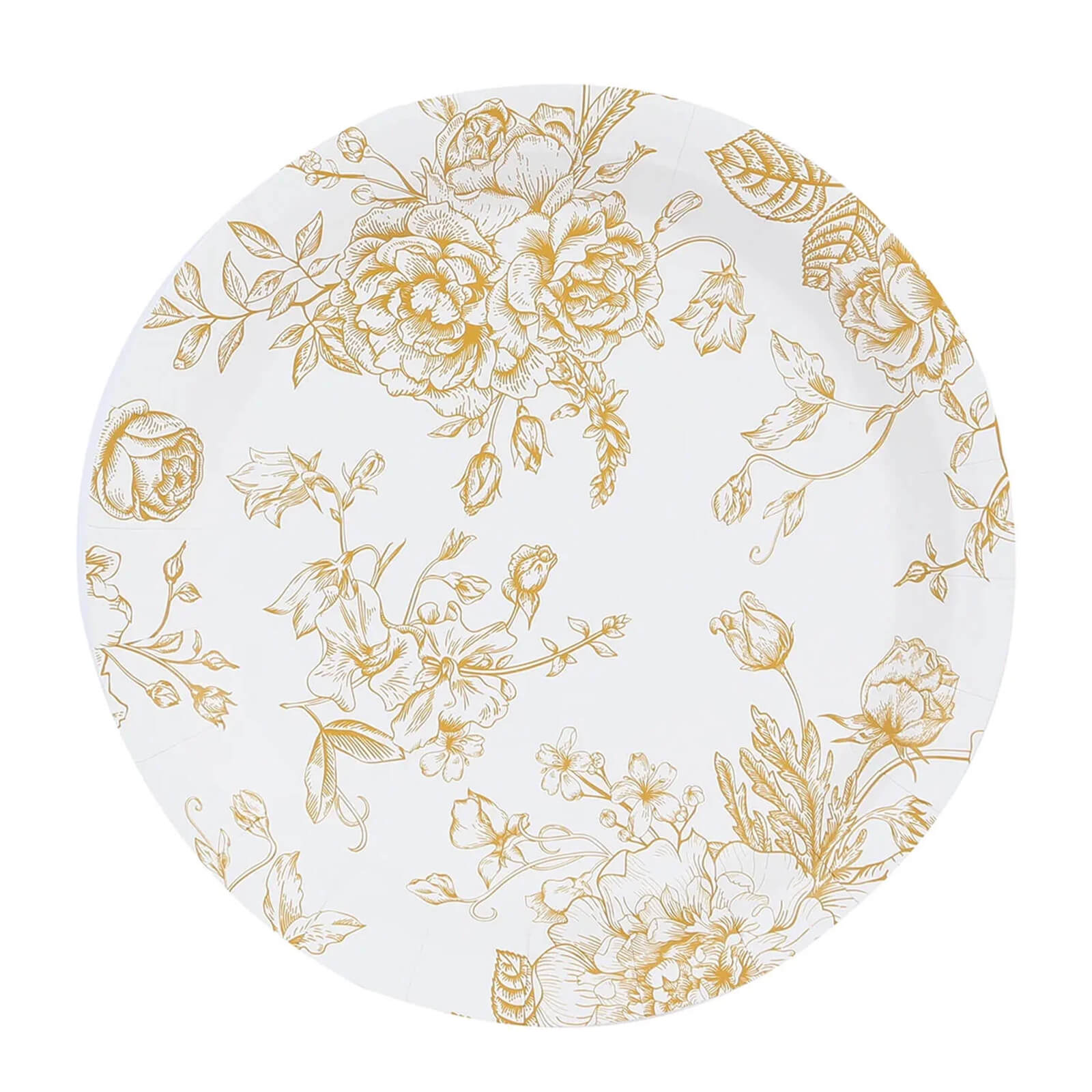 25-Pack Paper 9 Round Dinner Plates in White with Gold French Toile Pattern - Disposable Floral Party Plates for Stylish Events