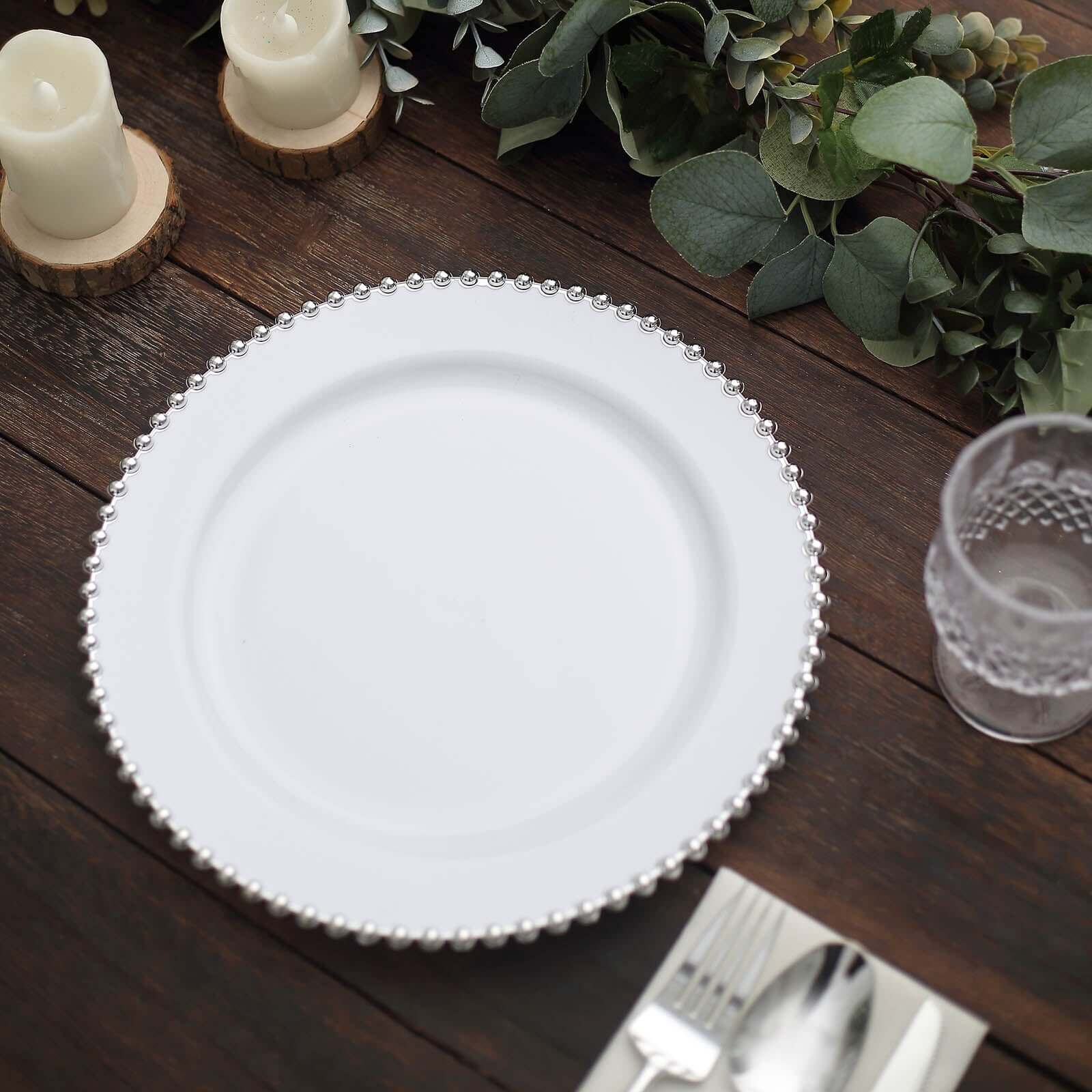 10-Pack Plastic 10 Round Dinner Plates in White with Silver Beaded Rim - Disposable Party Plates