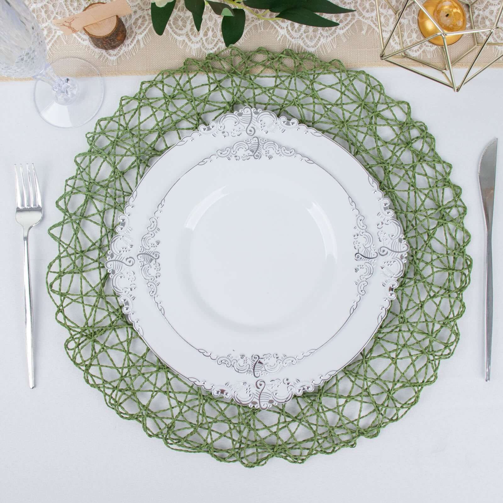 6-Pack Table Placemats Woven Fiber Design Olive Green Round - Disposable Mats for Dining and Events 15