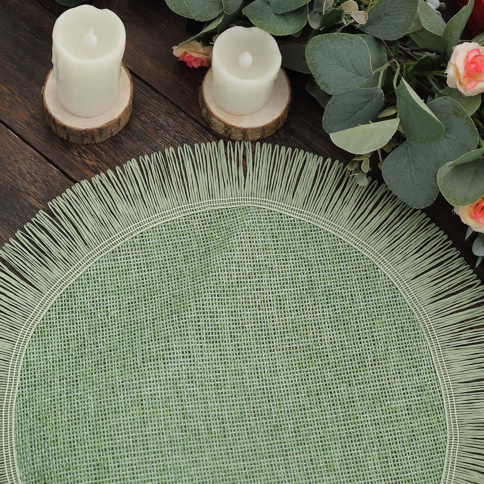 4-Pack Placemats Fringe Edge Design Sage Green Jute Round - Rustic Boho Chic Burlap Table Decor 16