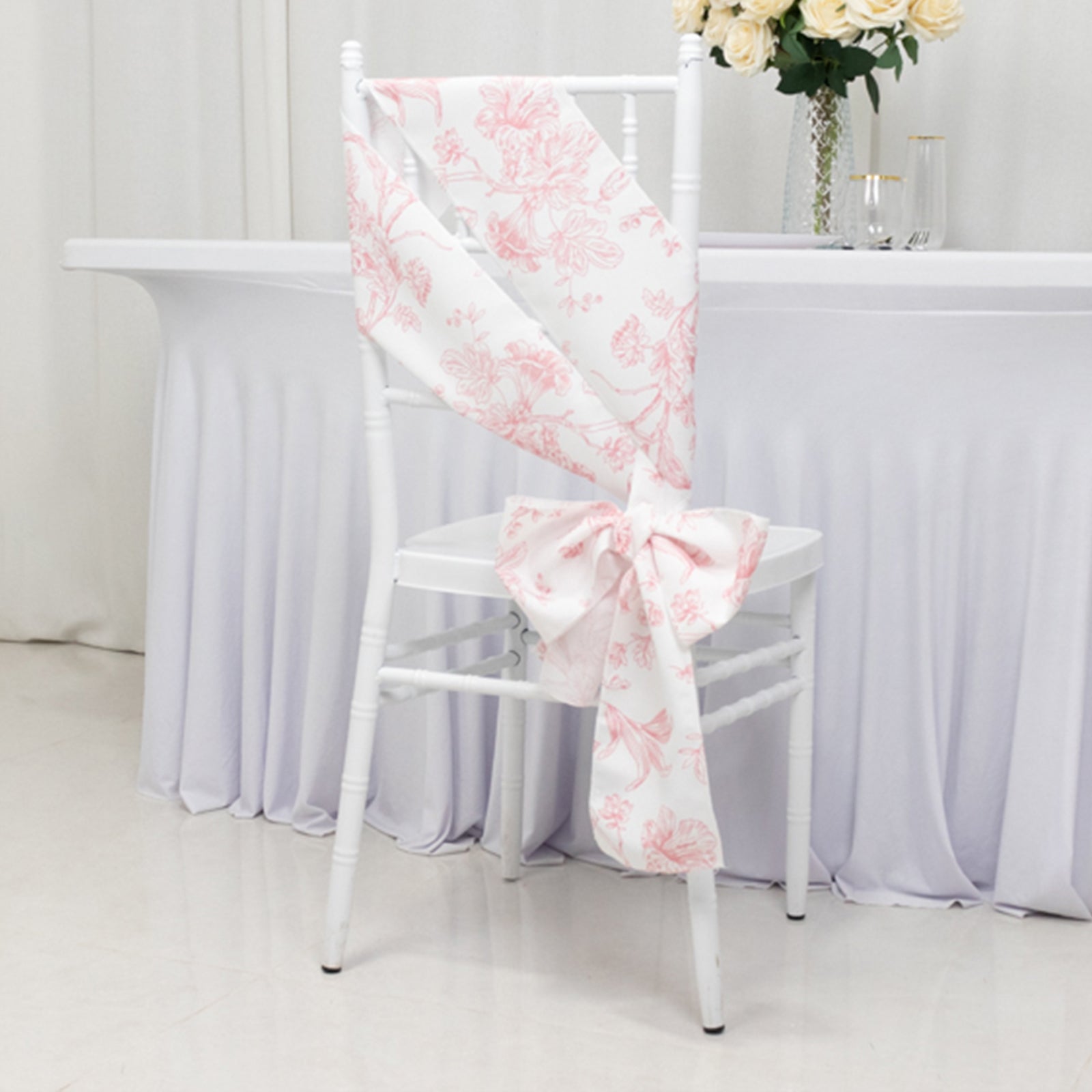 Polyester Chair Sashes White/Pink French Toile Floral Design - Wrinkle-Resistant & Durable Chair Bows 6x108